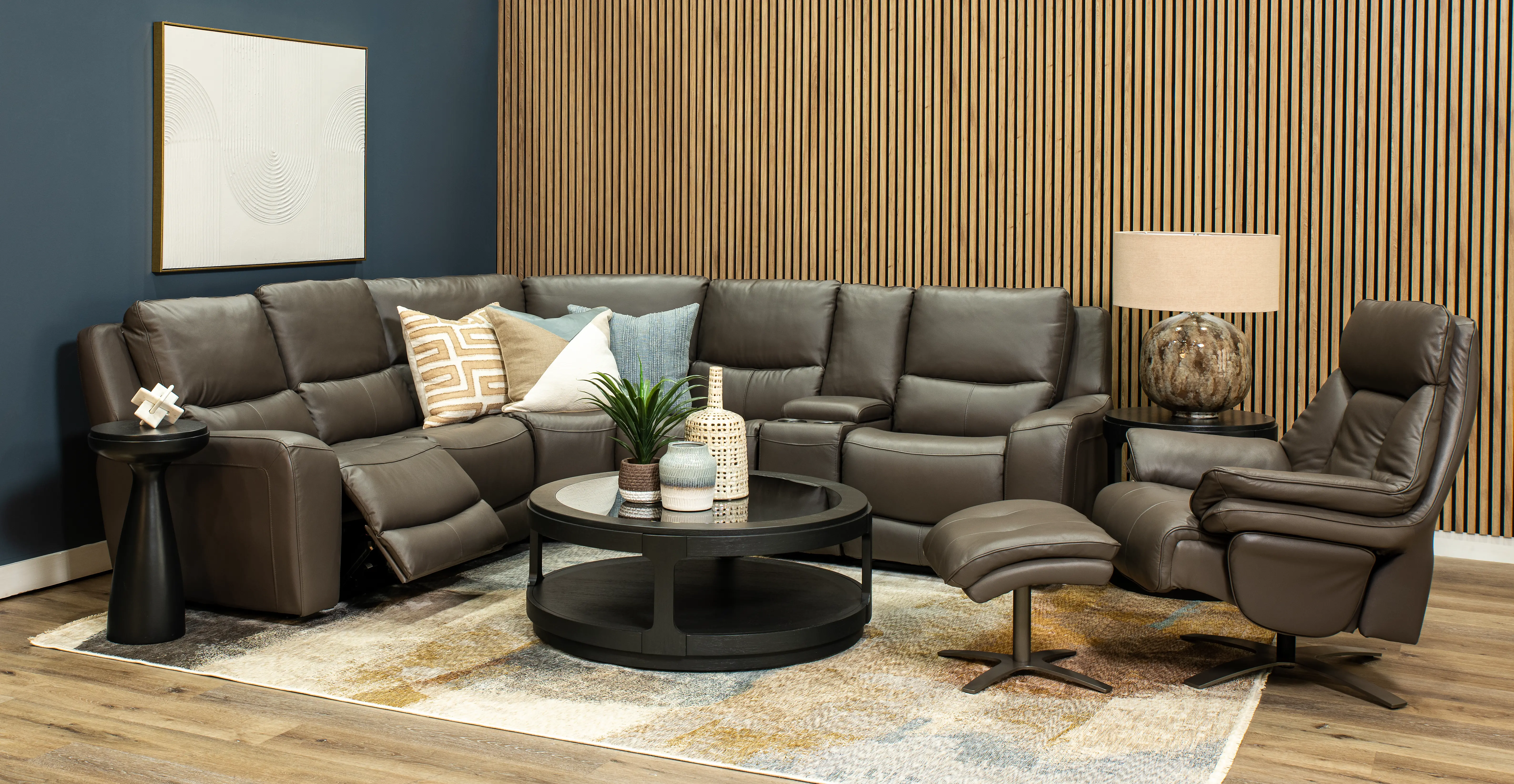 Seas Gray Leather Swivel Power Recliner with Ottoman-2