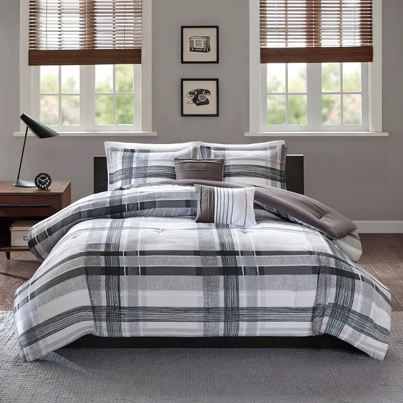 Rudy White and Black Plaid Queen/Full 5-Piece Comforter Set