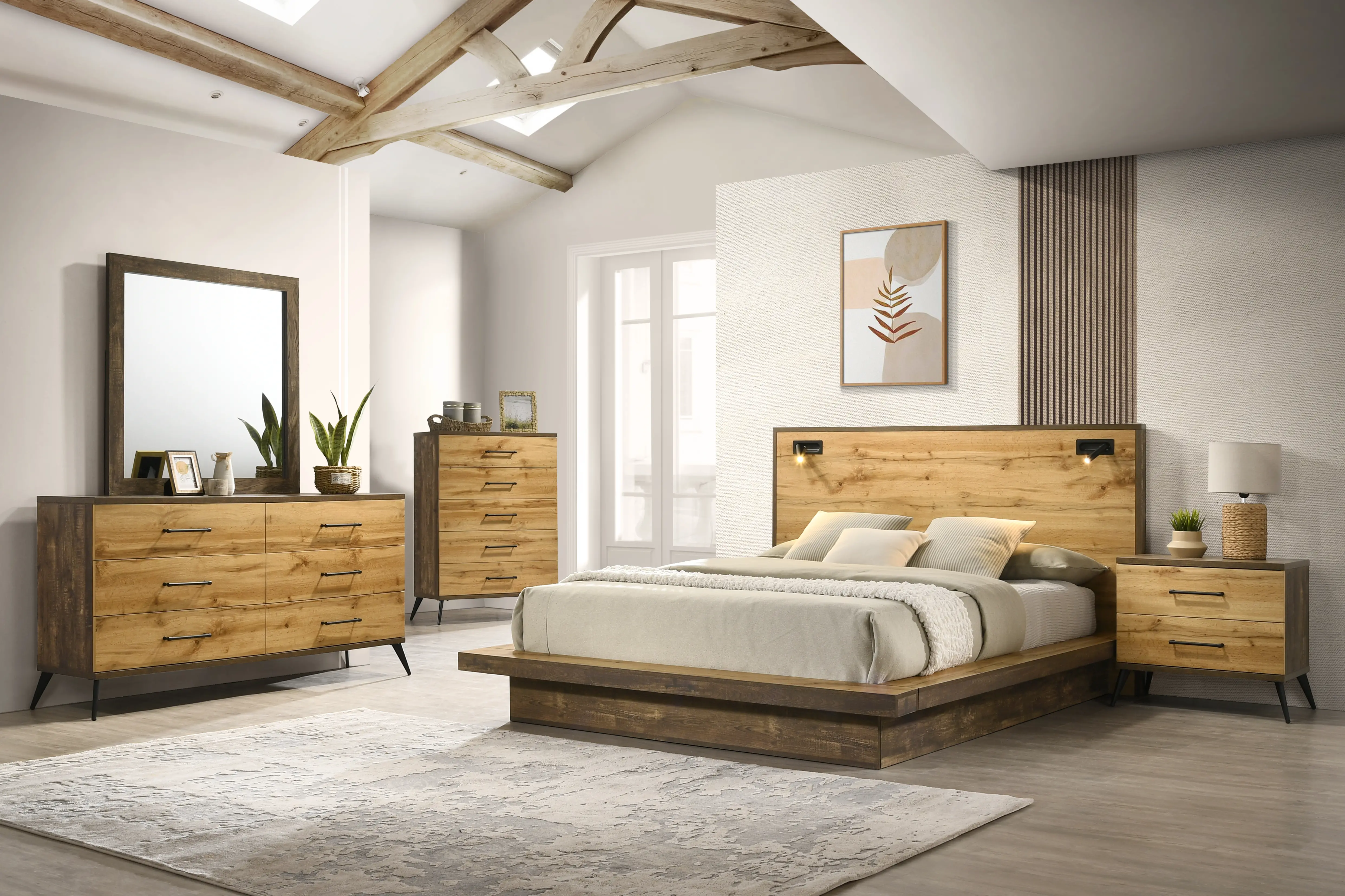 C0306-PR-BED6/6 Pine Row Natural and Brown King Platform Bed-2