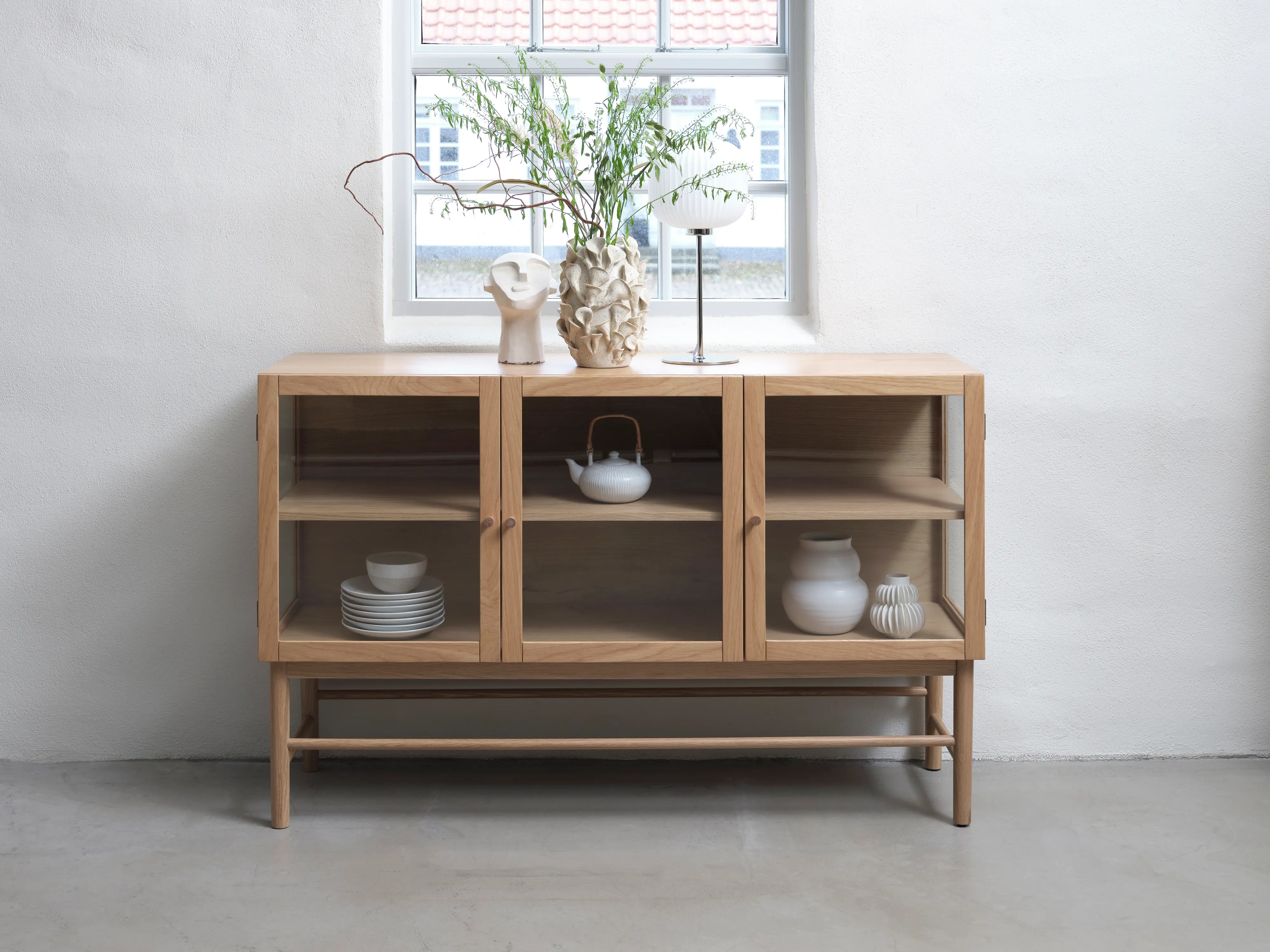 Elsa Natural Oak 3 Door Glass Panel Sideboard-2
