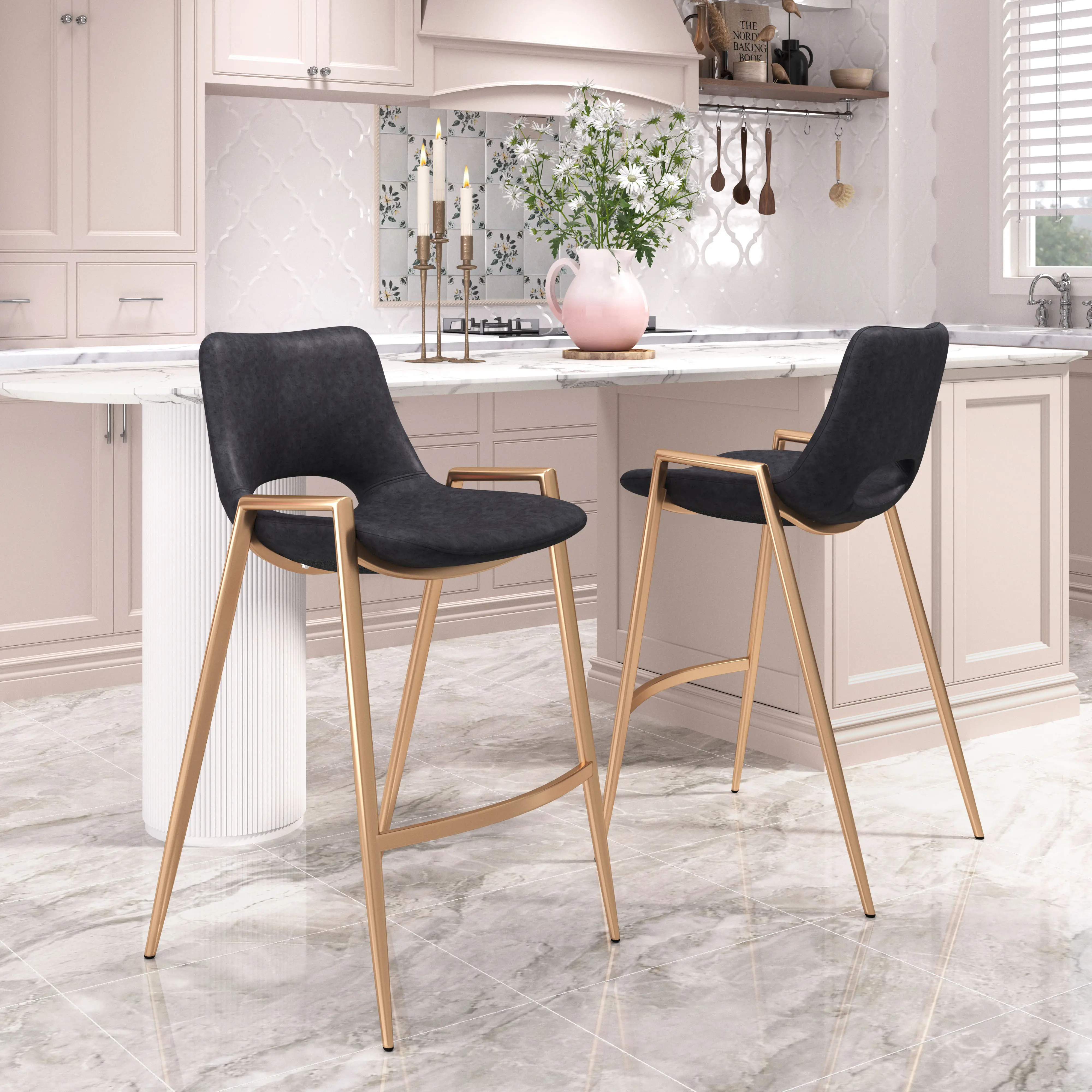 Sant’Anastasia Black and Gold Faux Leather Counter Stool, Set of 2-2