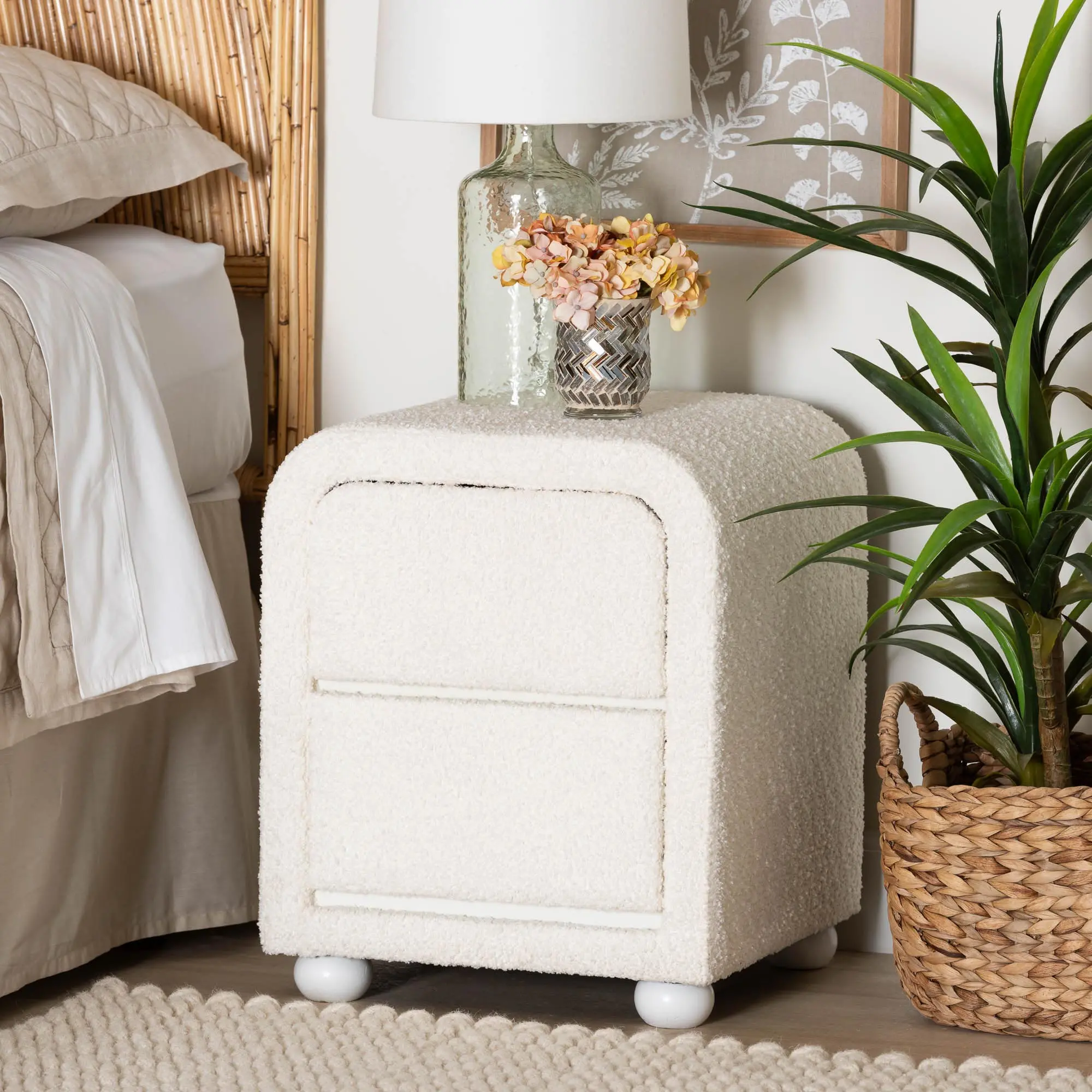 244-13651-RCW Lavina White Boucle 2-Drawer Nightstand-2