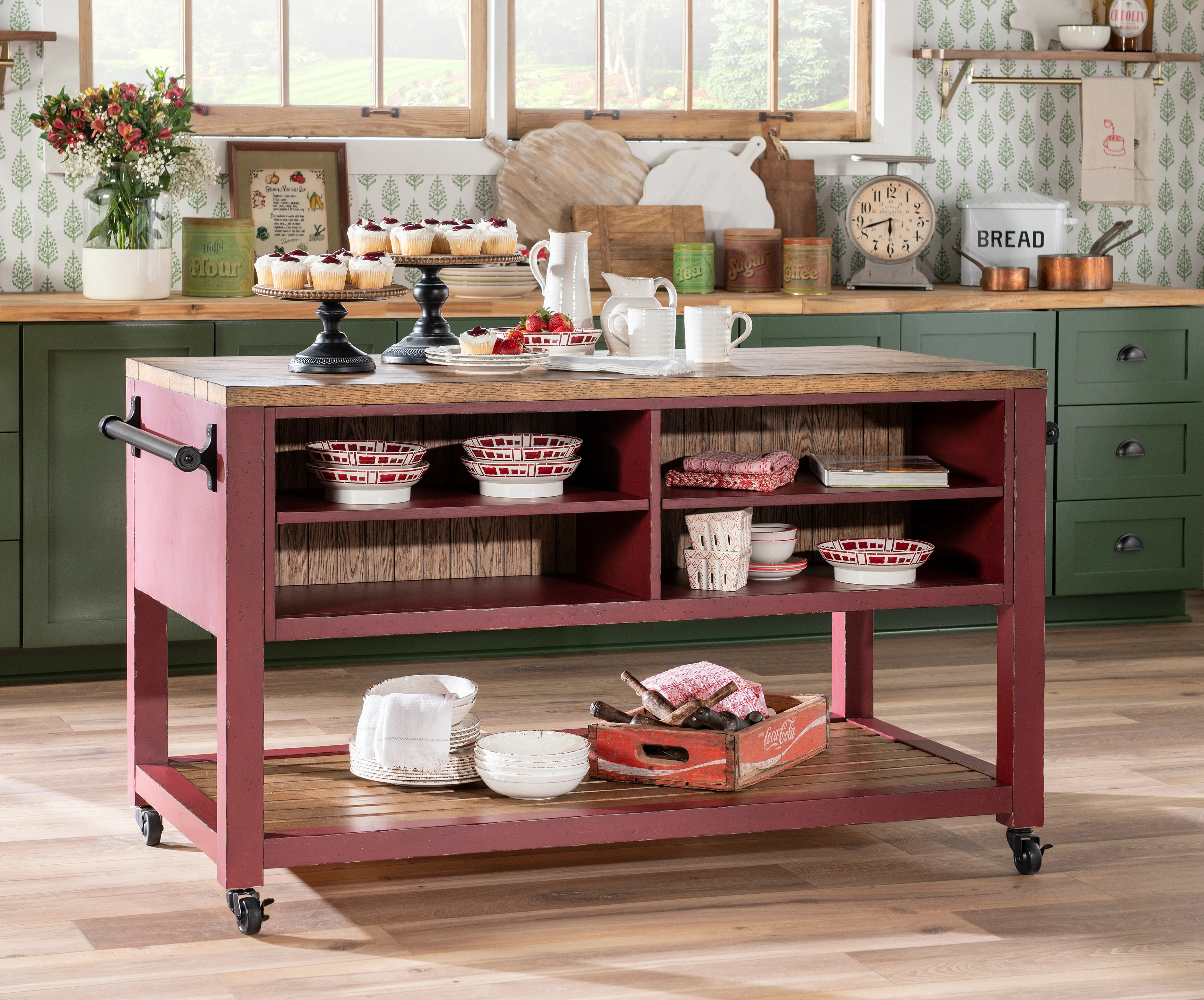 Country Living Oak and Red Green Kitchen Island-13