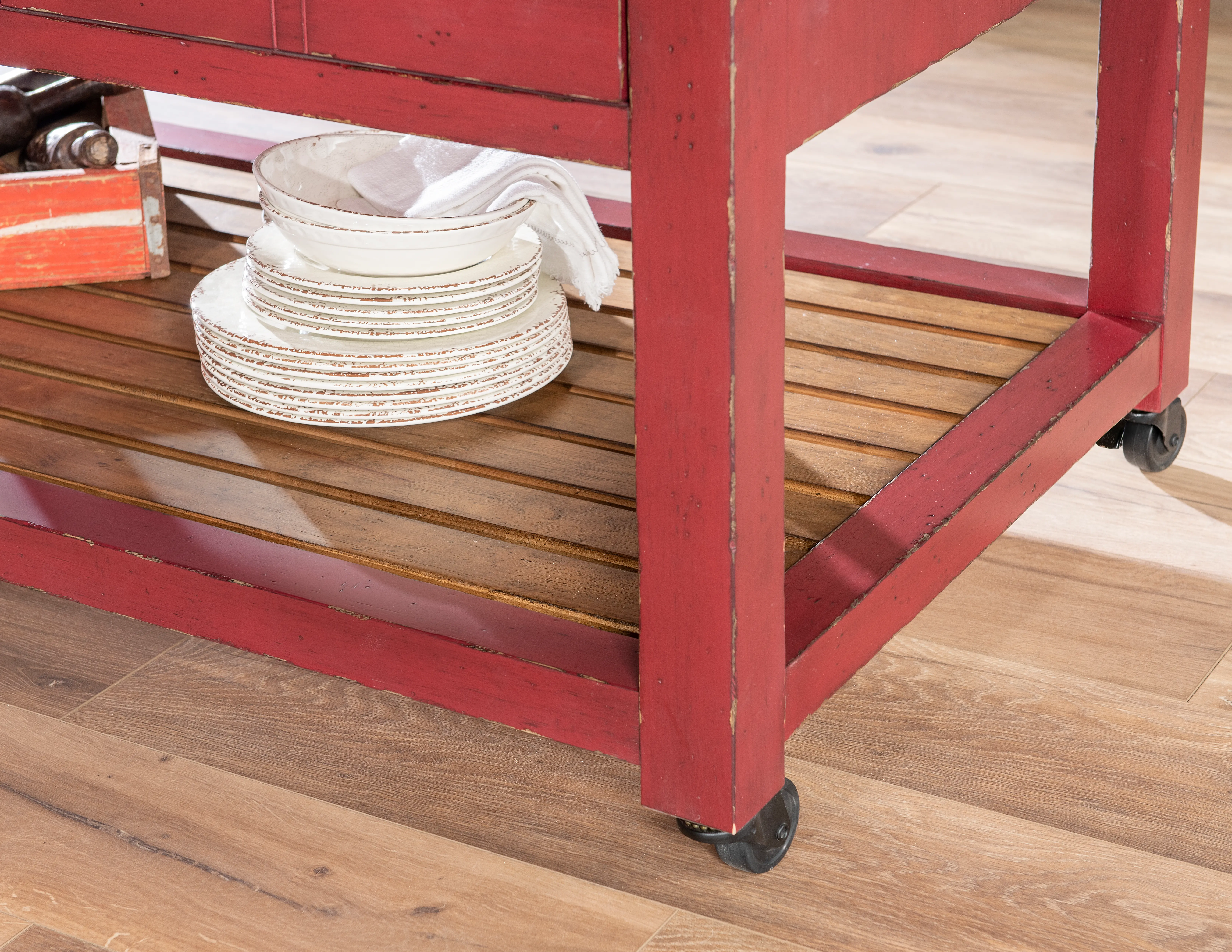 Country Living Oak and Red Green Kitchen Island-15