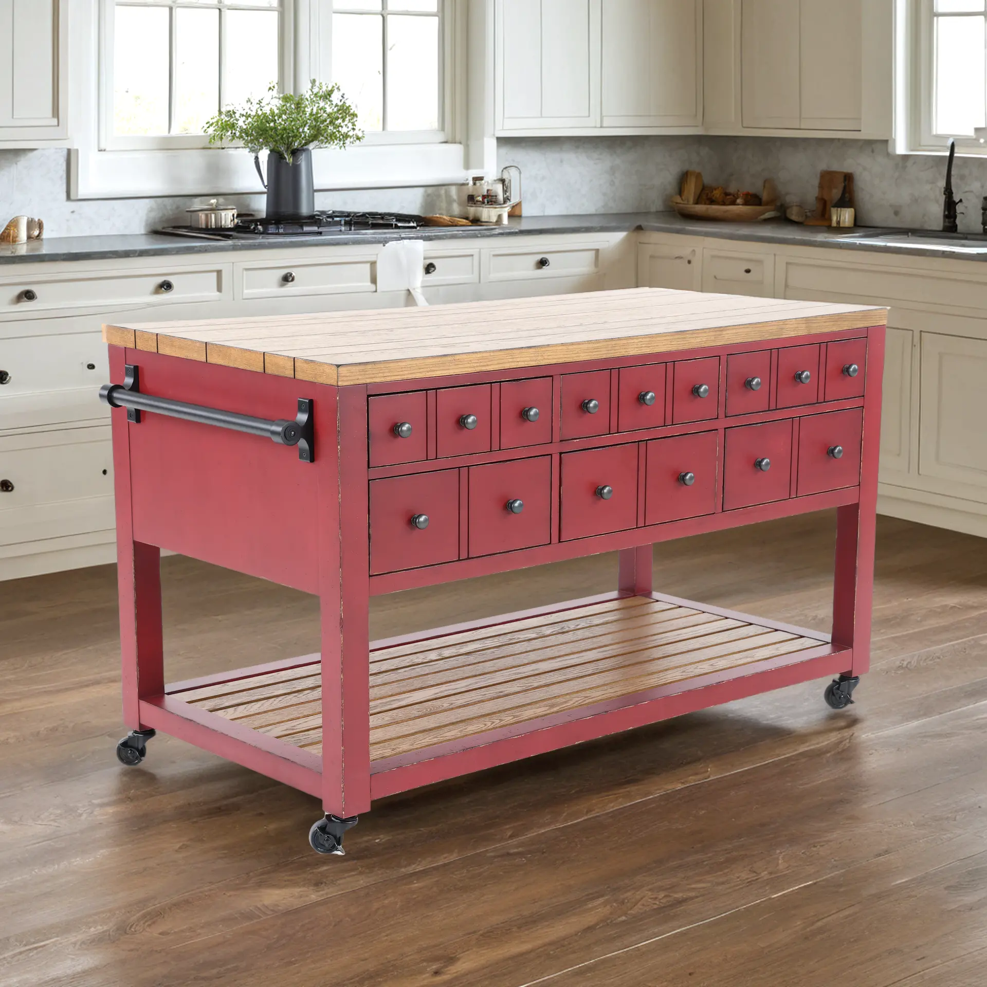 Country Living Oak and Red Green Kitchen Island-18