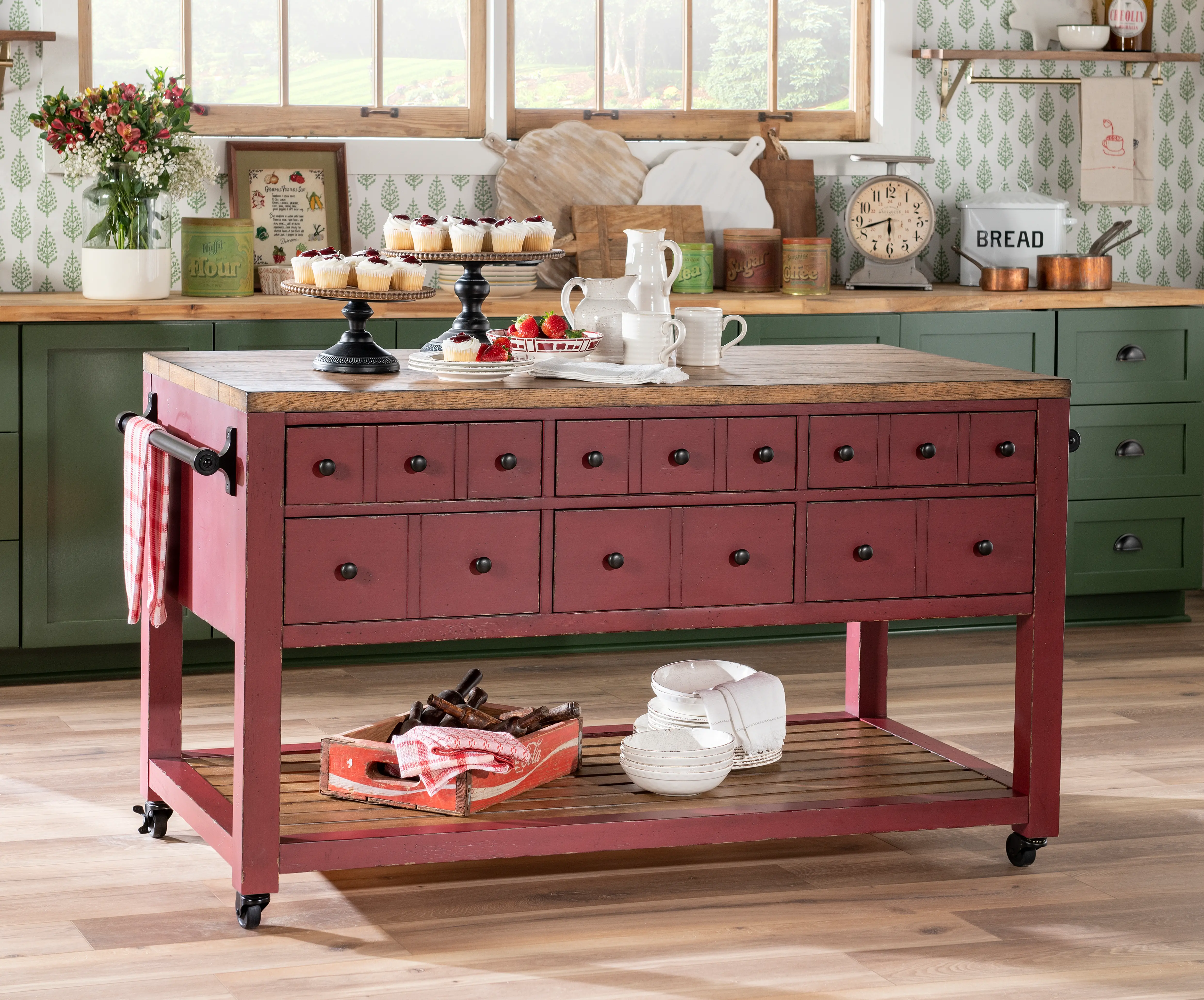 Country Living Oak and Red Green Kitchen Island-2