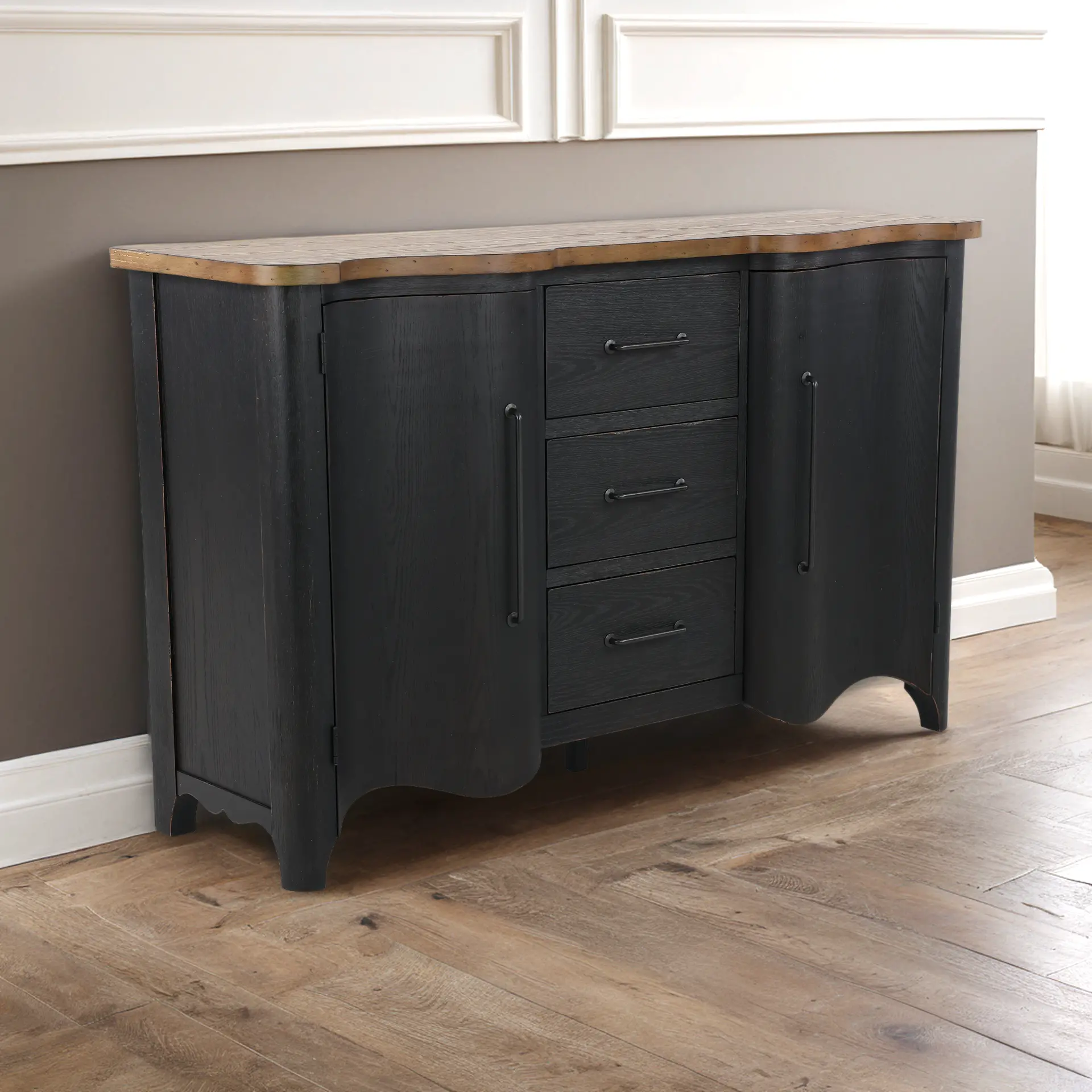 Country Living Black and Oak Scalloped Door Chest-11