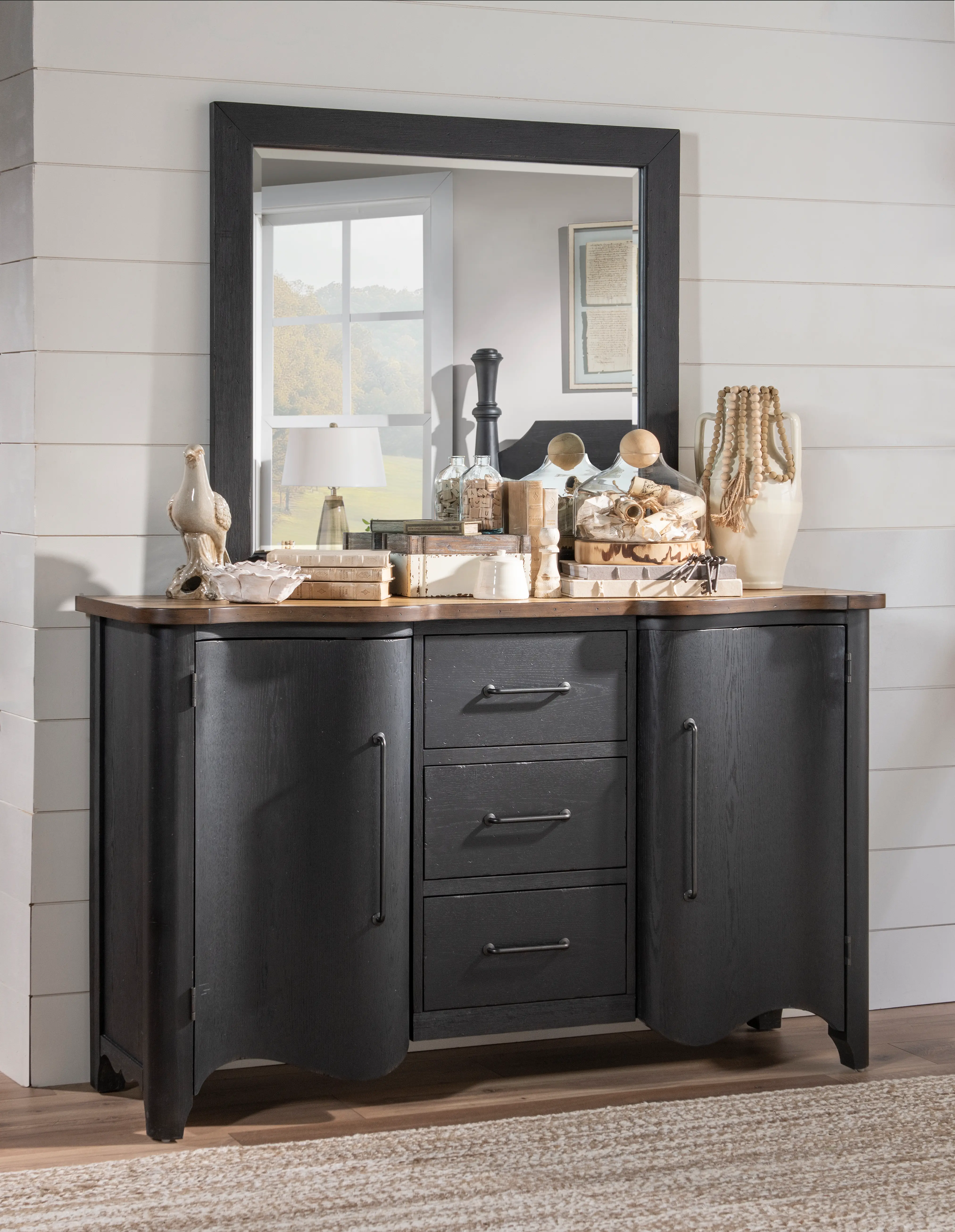 Country Living Black and Oak Scalloped Door Chest-2