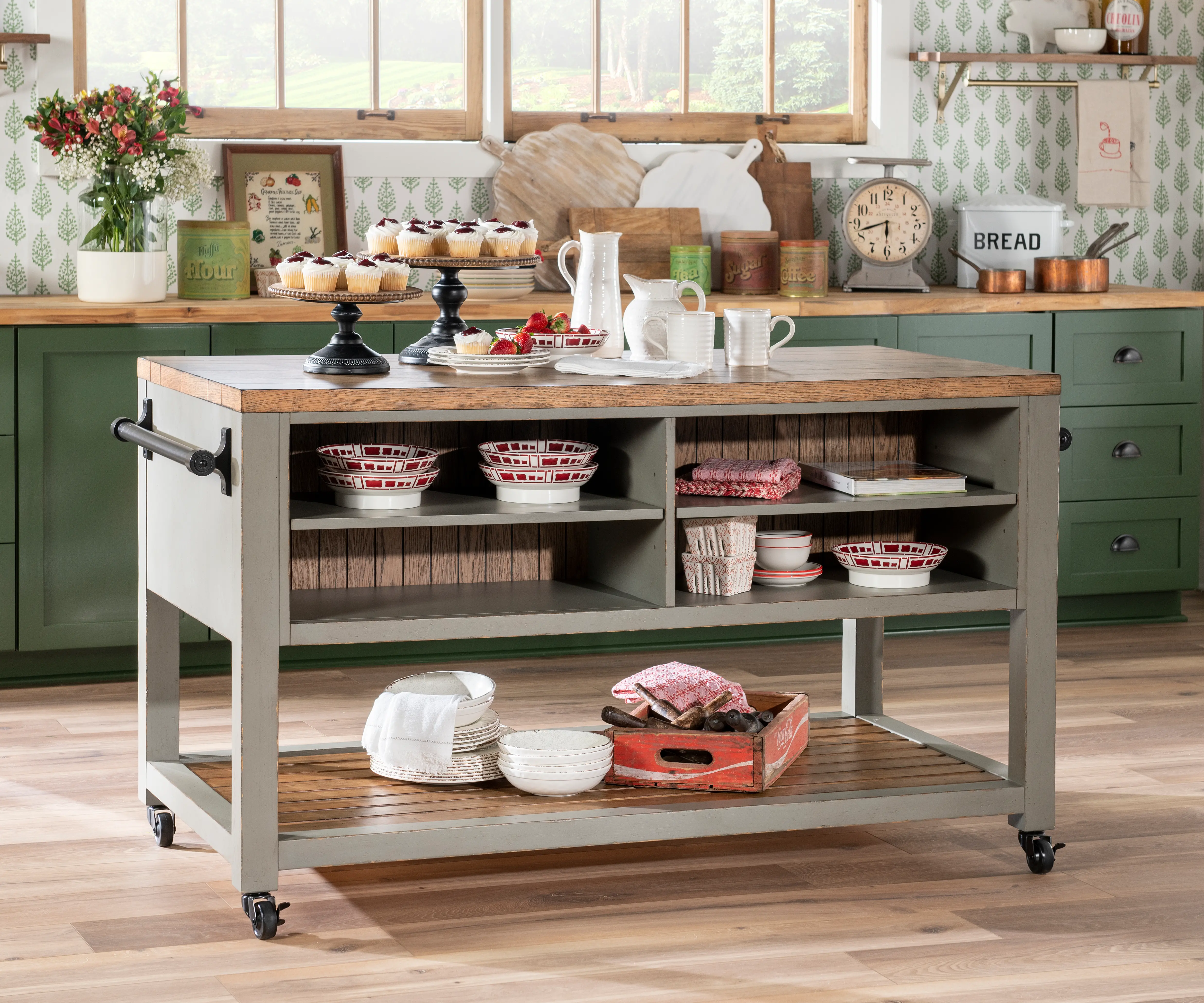 Country Living Oak and Moss Green Kitchen Island-12