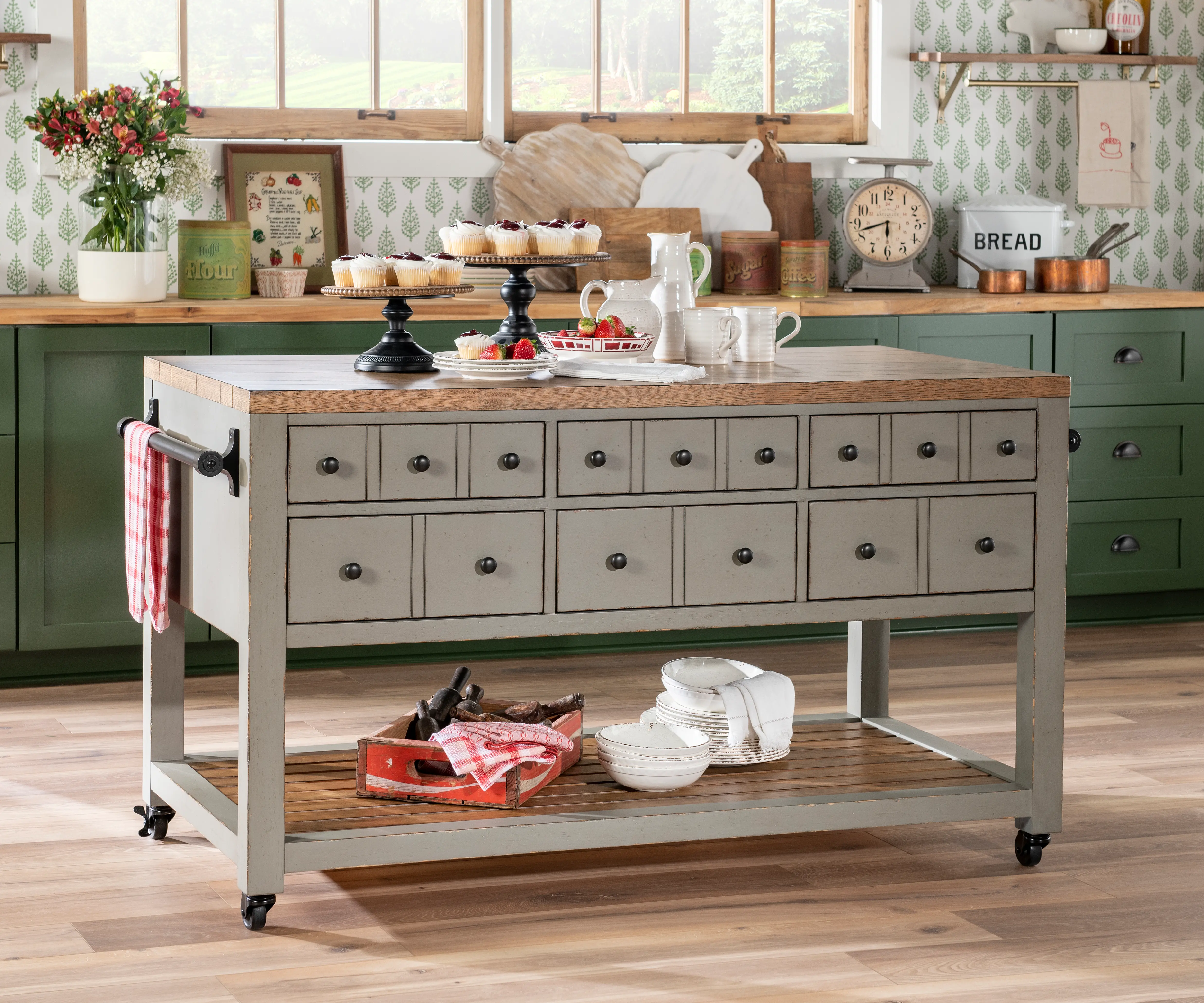 Country Living Oak and Moss Green Kitchen Island-2