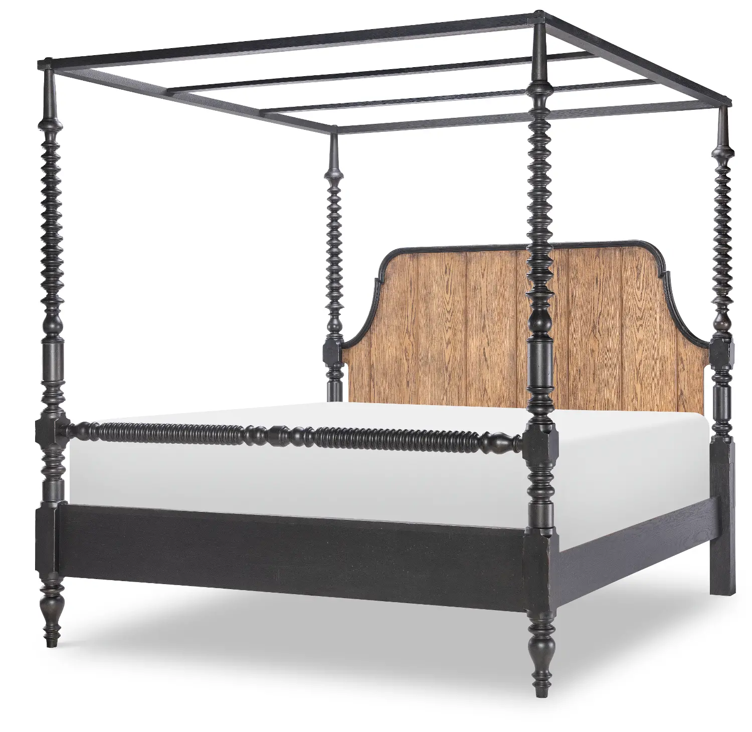 Country Living Black and Oak Queen Bobbin Canopy Bed-1