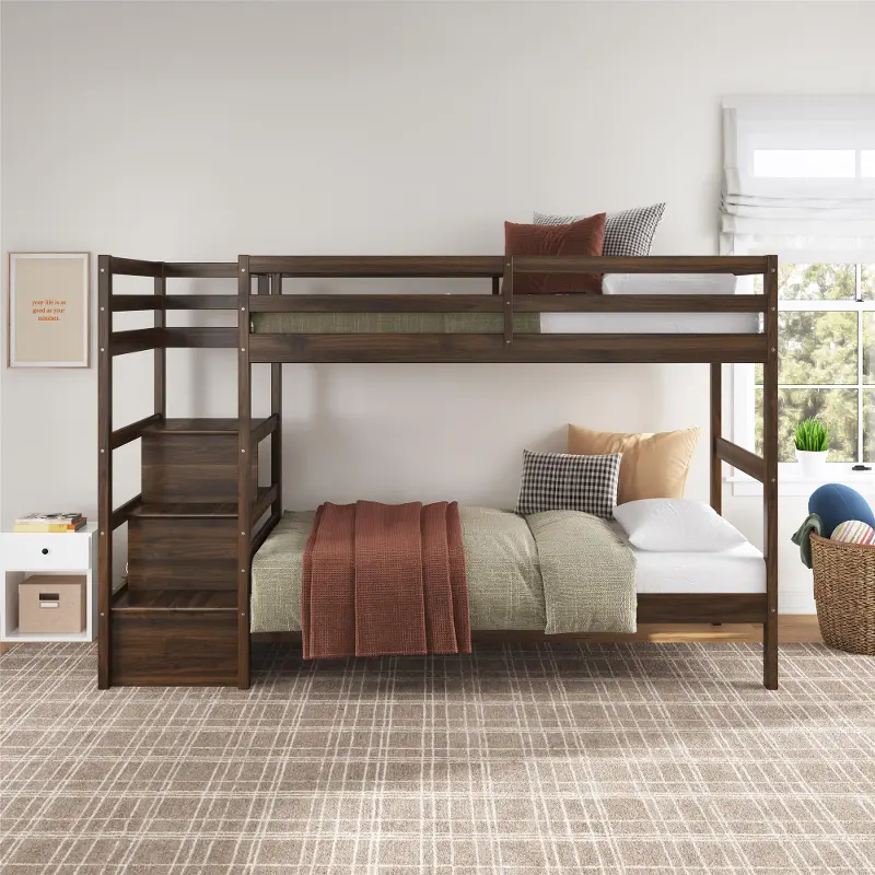 Little Seeds Zaire Mocha Wood Twin over Twin Bunk Bed with Stairs and Shelves