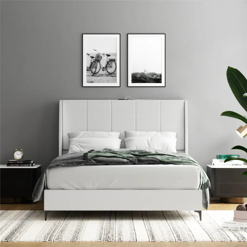 Lamora Light Gray Upholstered Queen Bed with USB