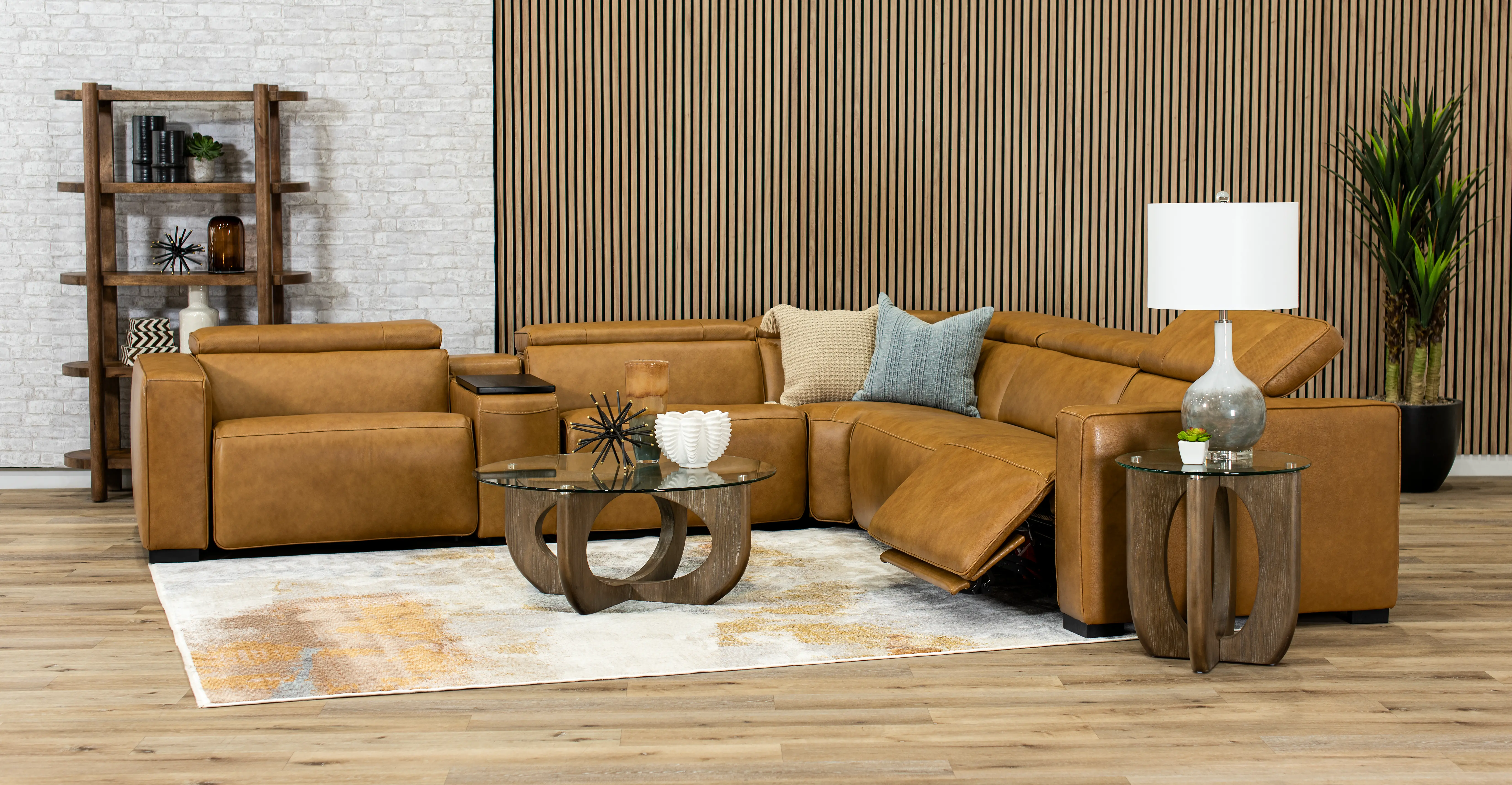 Softee Palomino Brown Leather 6-Piece Power Reclining Sectional with 3D Sound System-2