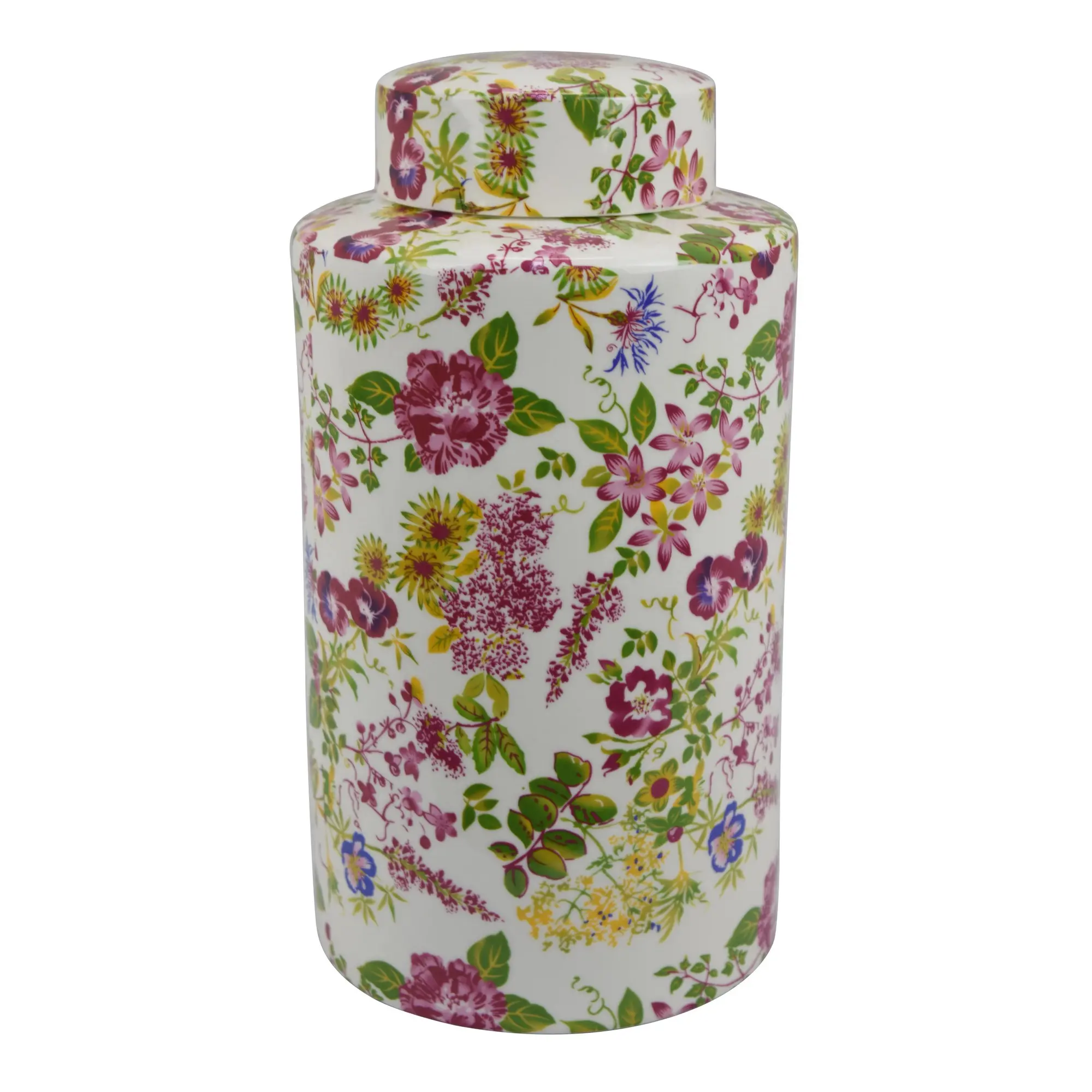 11.75 Pink and Yellow Floral Jar with Round Lid-1