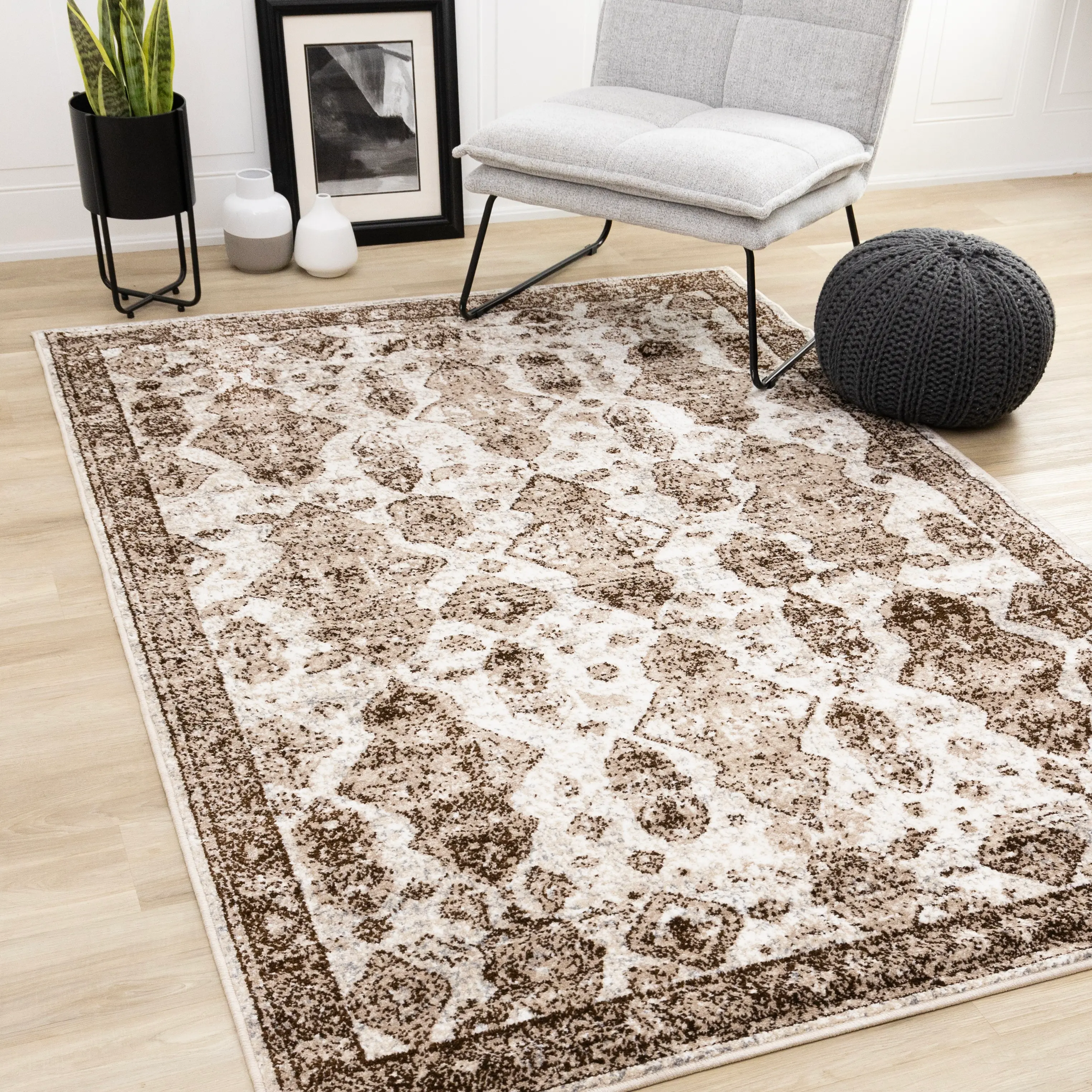 164460120160230 Century 5 x 8 White Brown Border Area Rug-2
