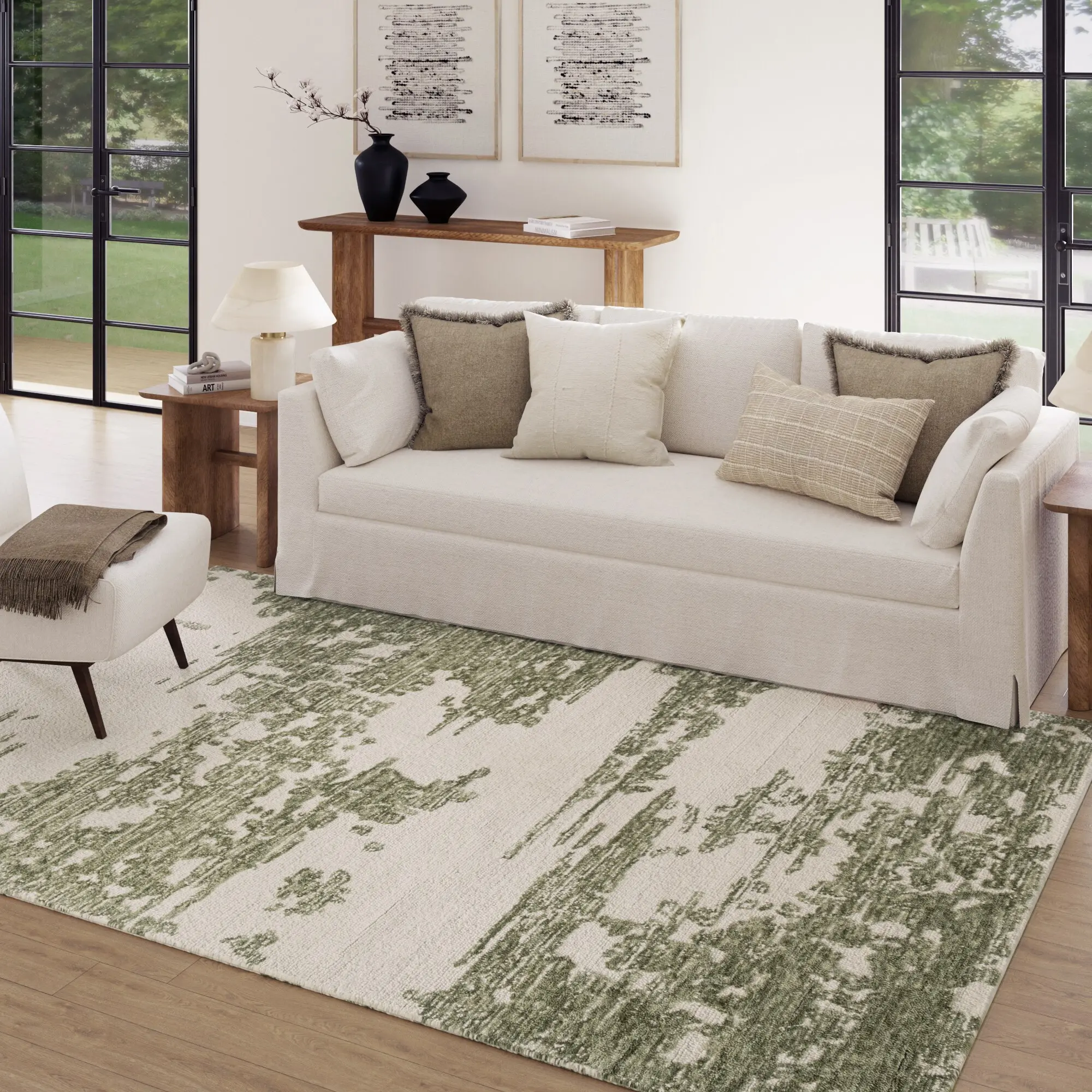Nuvia 8 x 10 Green Ivory Wool Area Rug-2