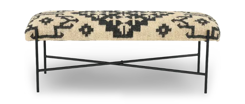 Blue and Cream Rectangle Metal and Jute Bench
