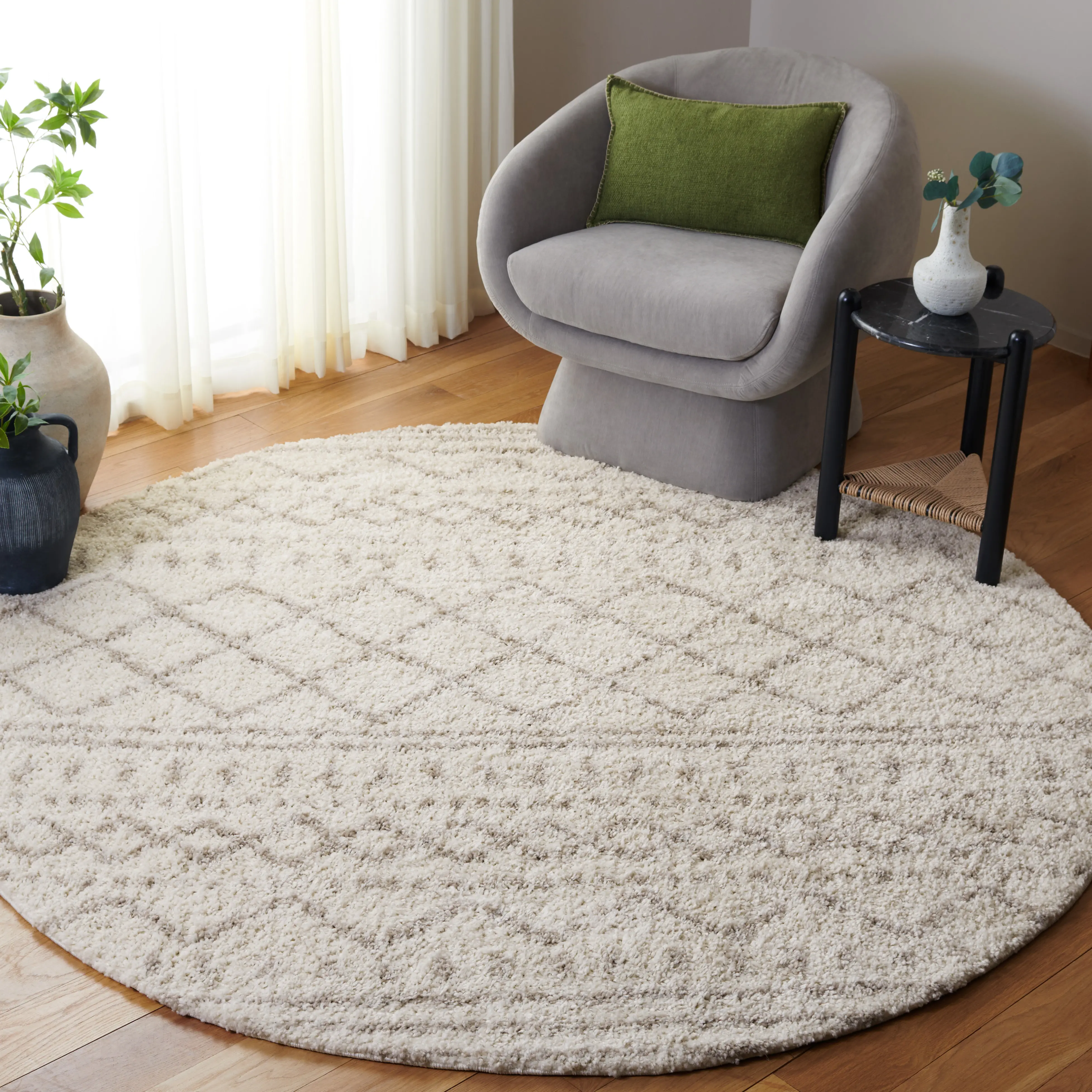 ASG741A-4R Arizona Shag Ivory and Beige Round Area Rug-2