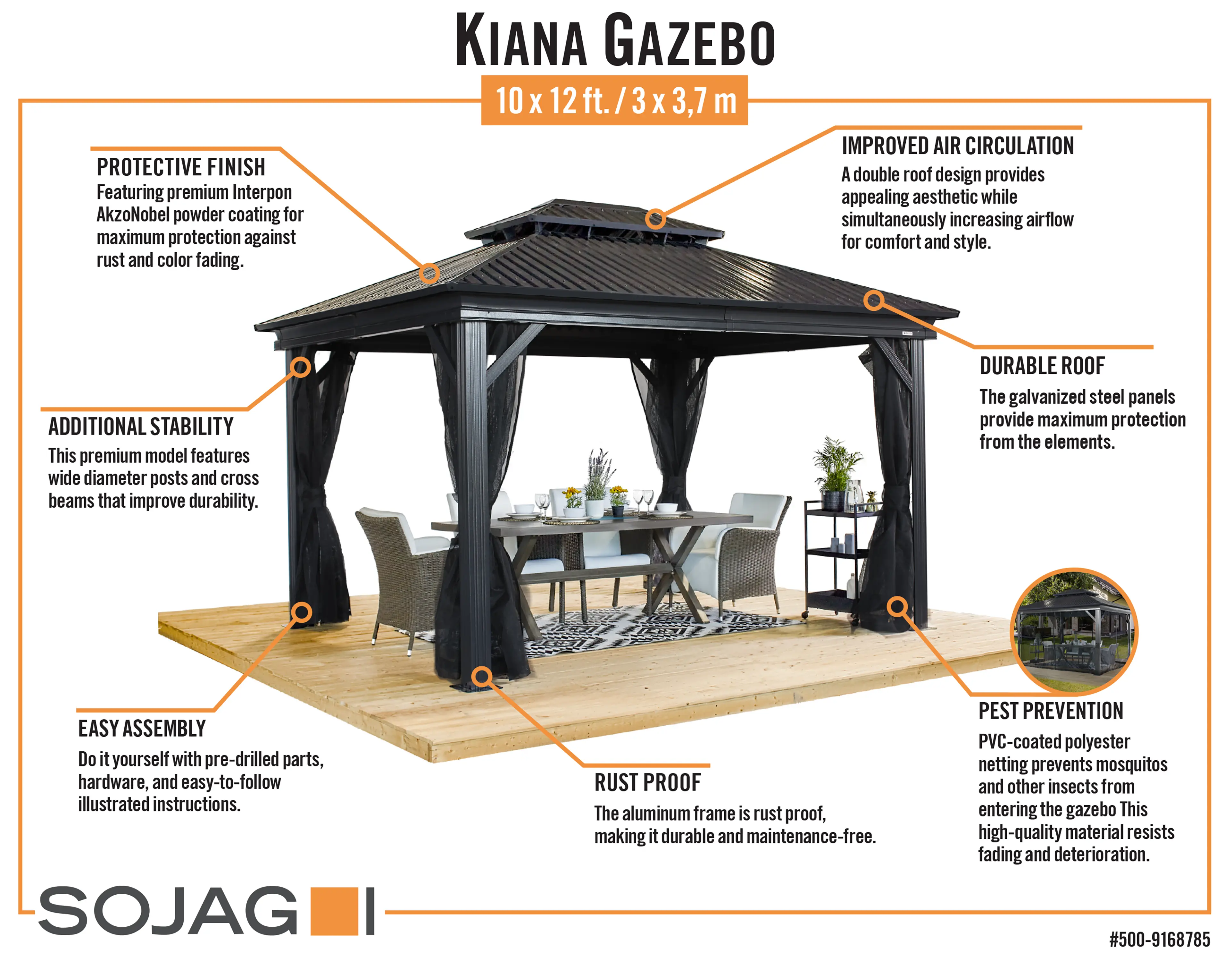 Sojag Kiana 10 x 12 Black Double Roof Gazebo with Netting-6
