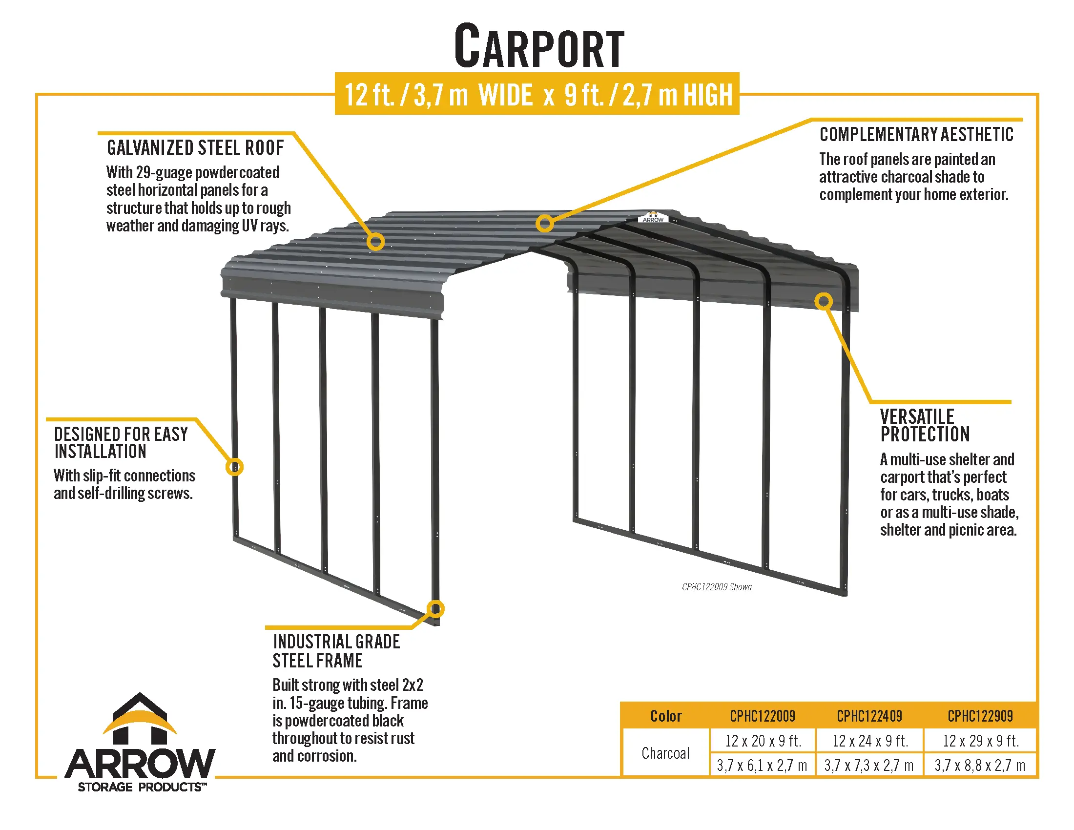 Arrow 12 x 24 Charcoal Carport-12