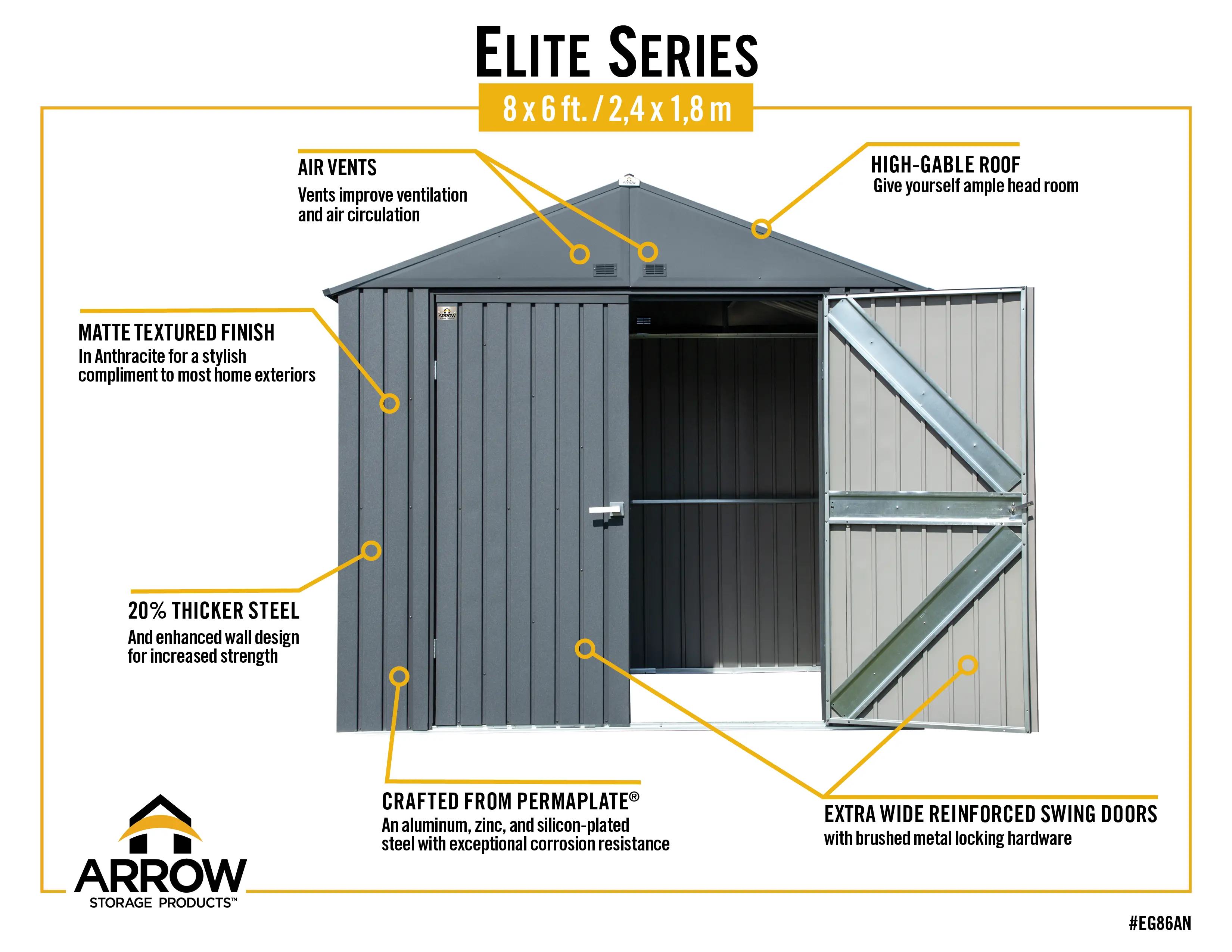 Arrow Elite 8 x 6 Anthracite Storage Shed-11