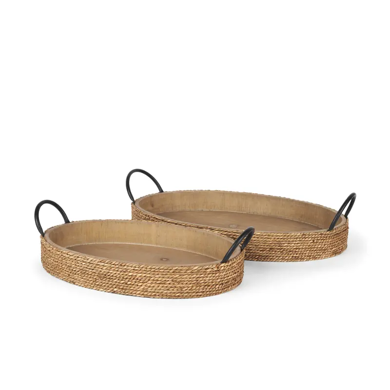 Rian Medium Brown Wood Tray with Natural Jute