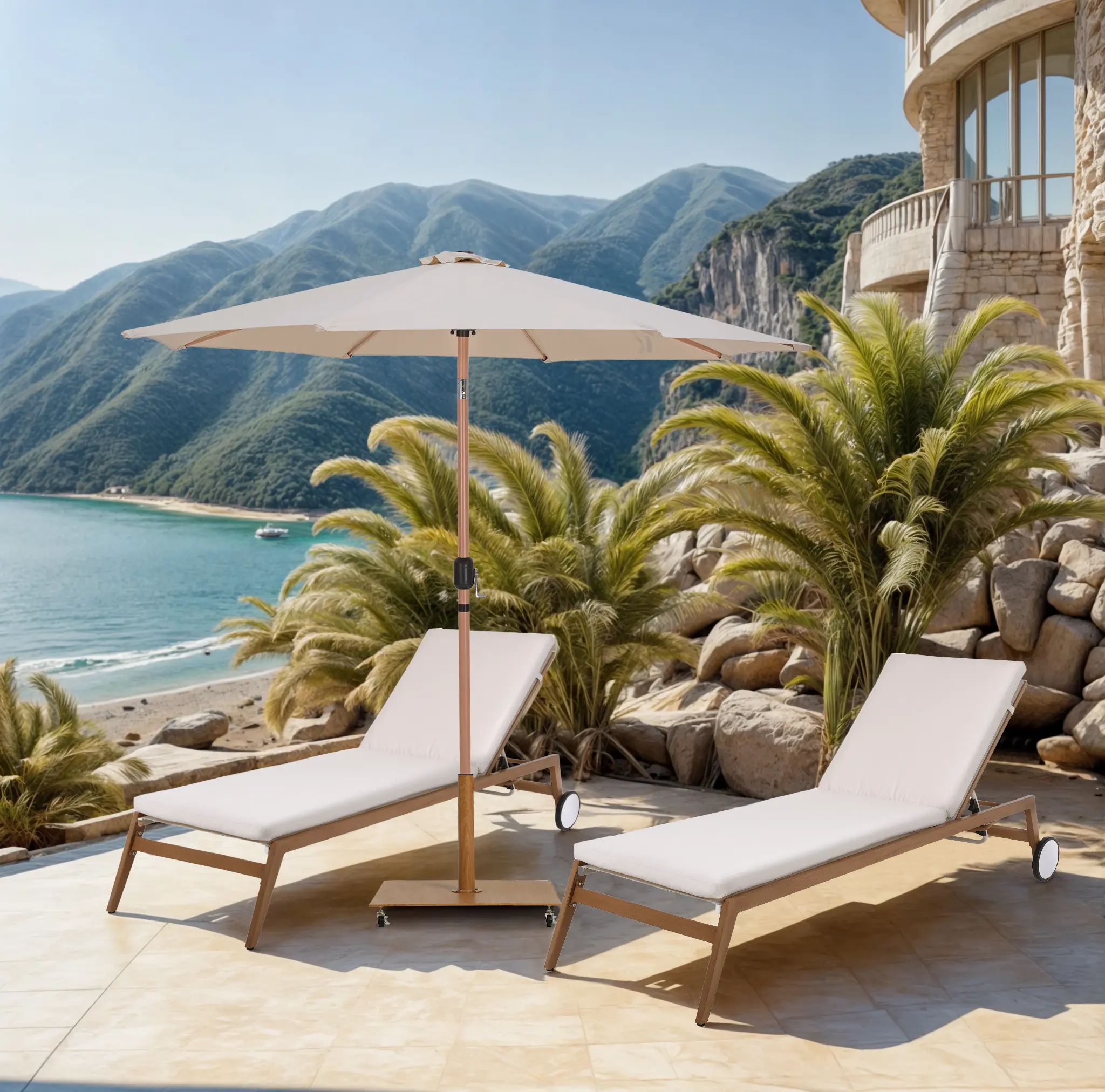 Fiji Beige Patio Umbrella with Teak Aluminum Base Set-2