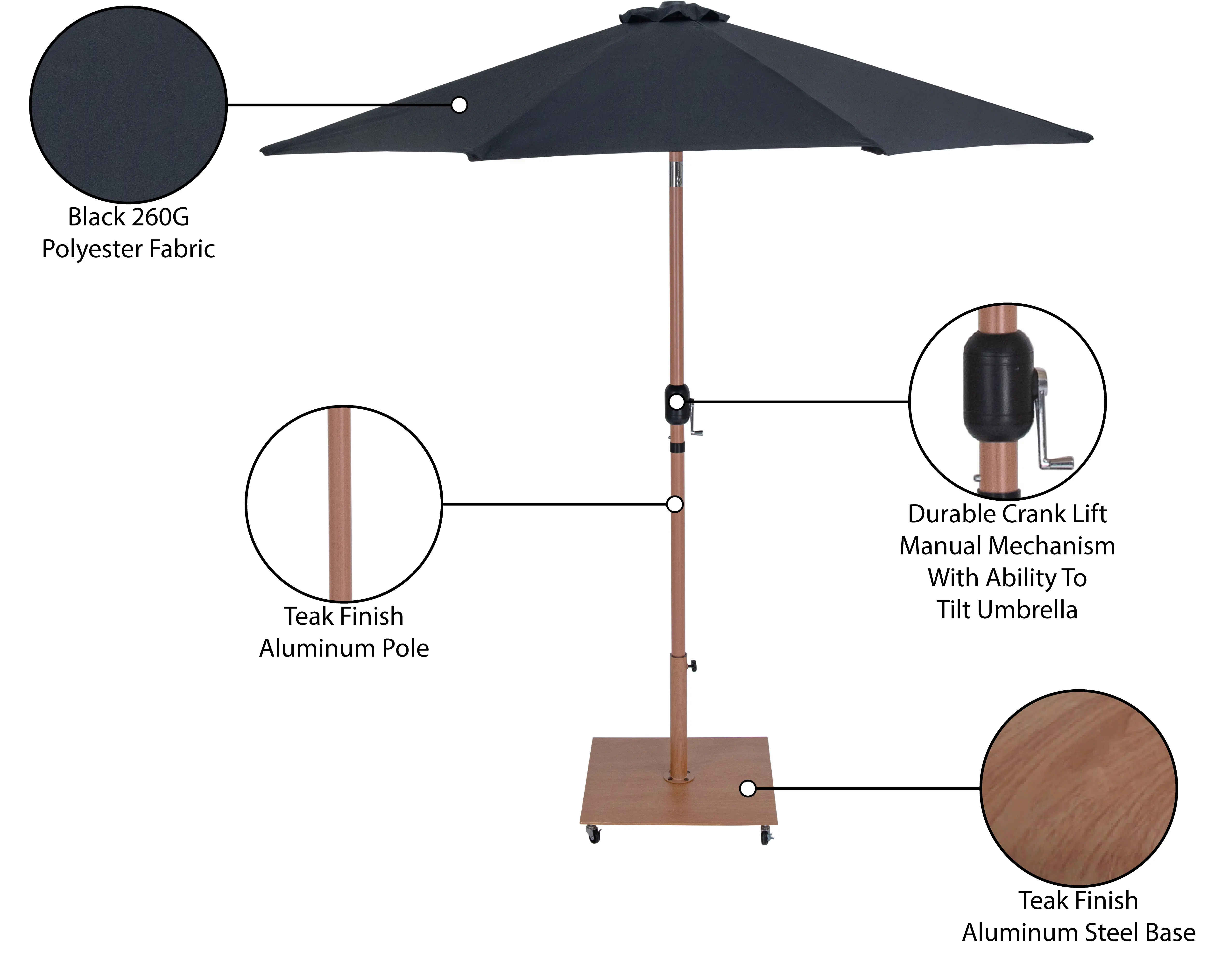 Fiji Black Patio Umbrella with Teak Aluminum Base Set-14