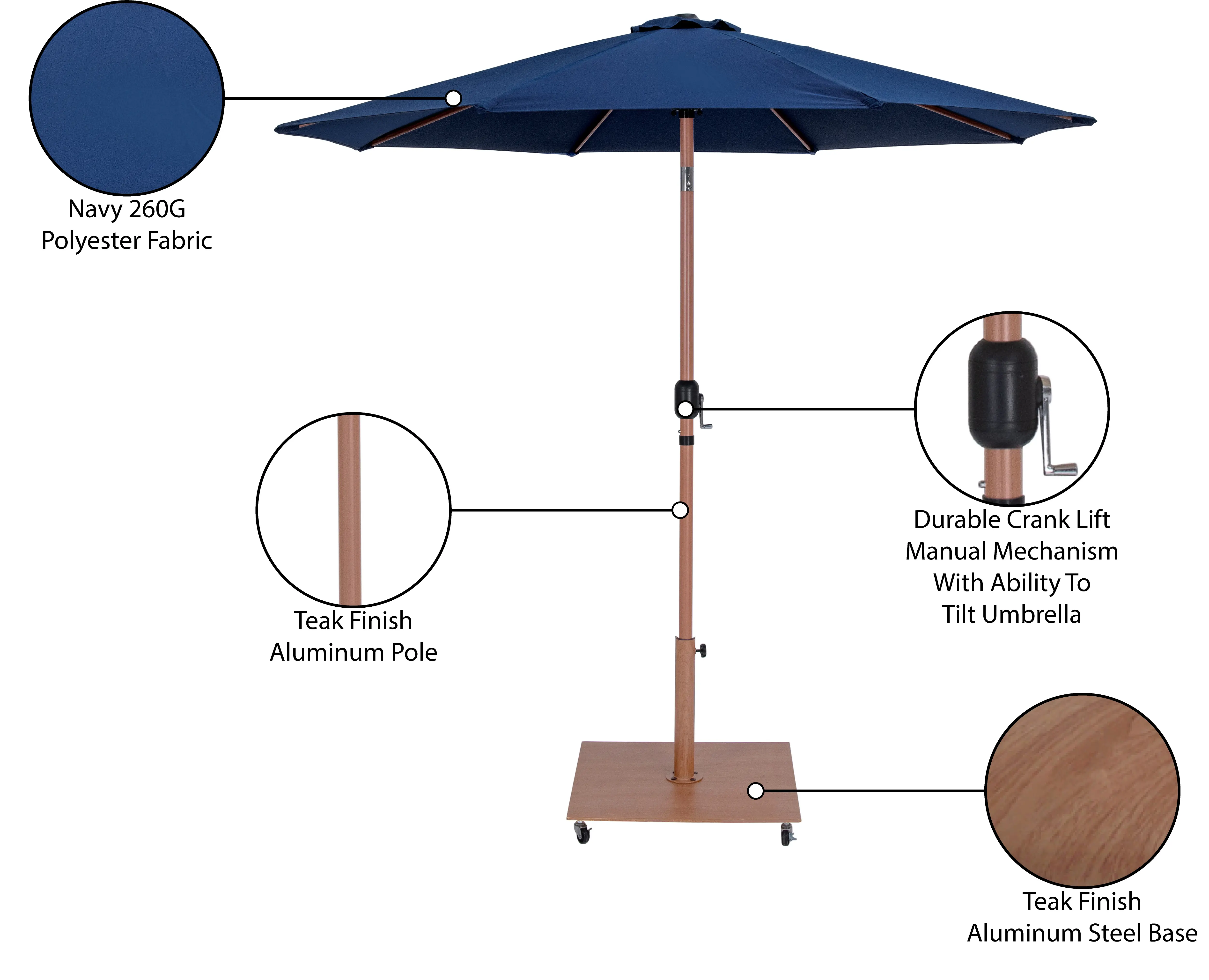 Fiji Navy Patio Umbrella with Teak Aluminum Base Set-14