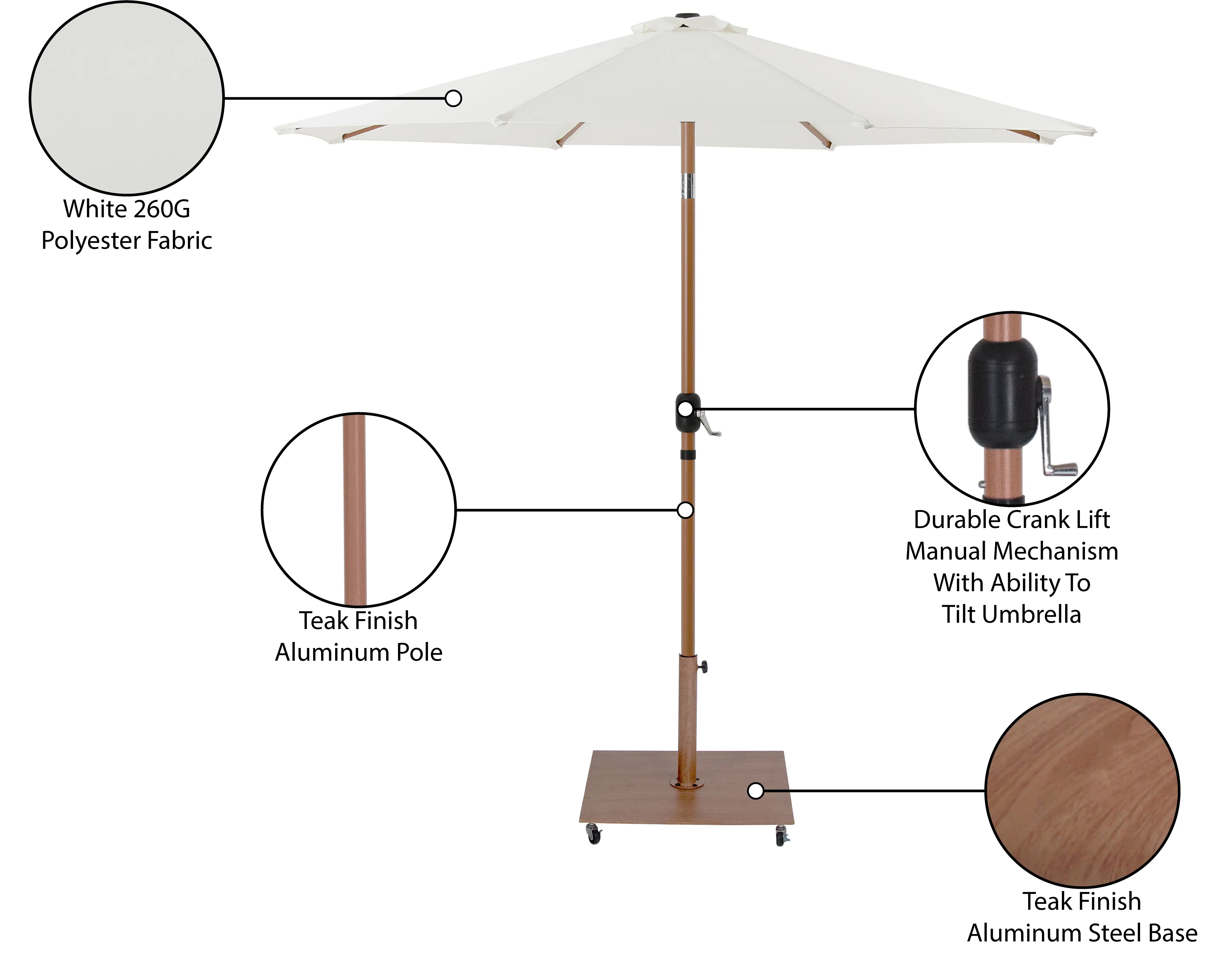 Fiji White Patio Umbrella with Teak Aluminum Base Set-14