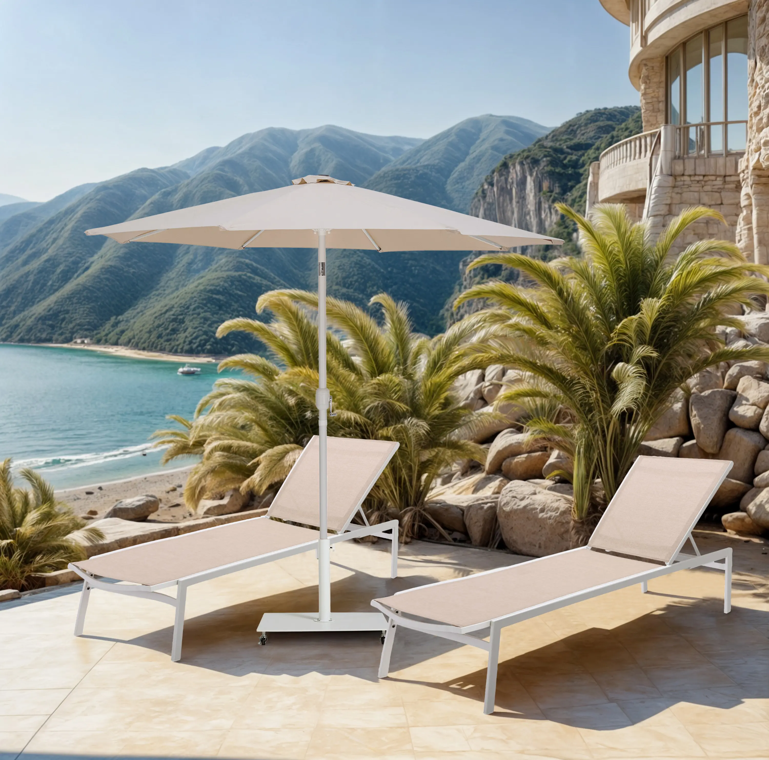Fiji Beige Patio Umbrella with White Aluminum Base Set-2