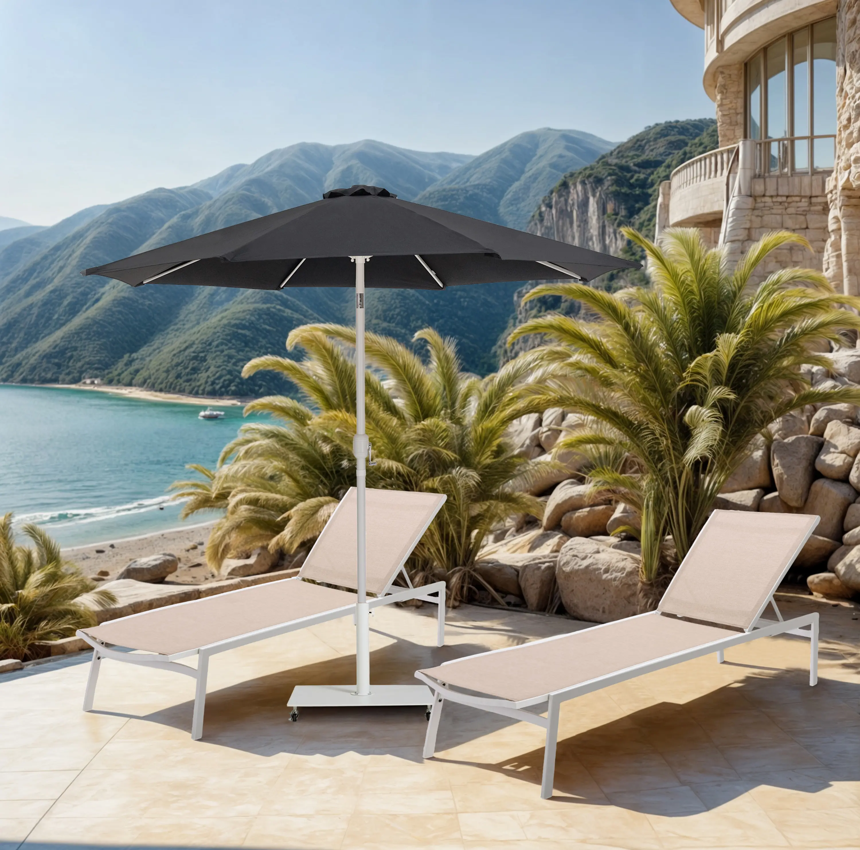 Fiji Black Patio Umbrella with White Aluminum Base Set-2