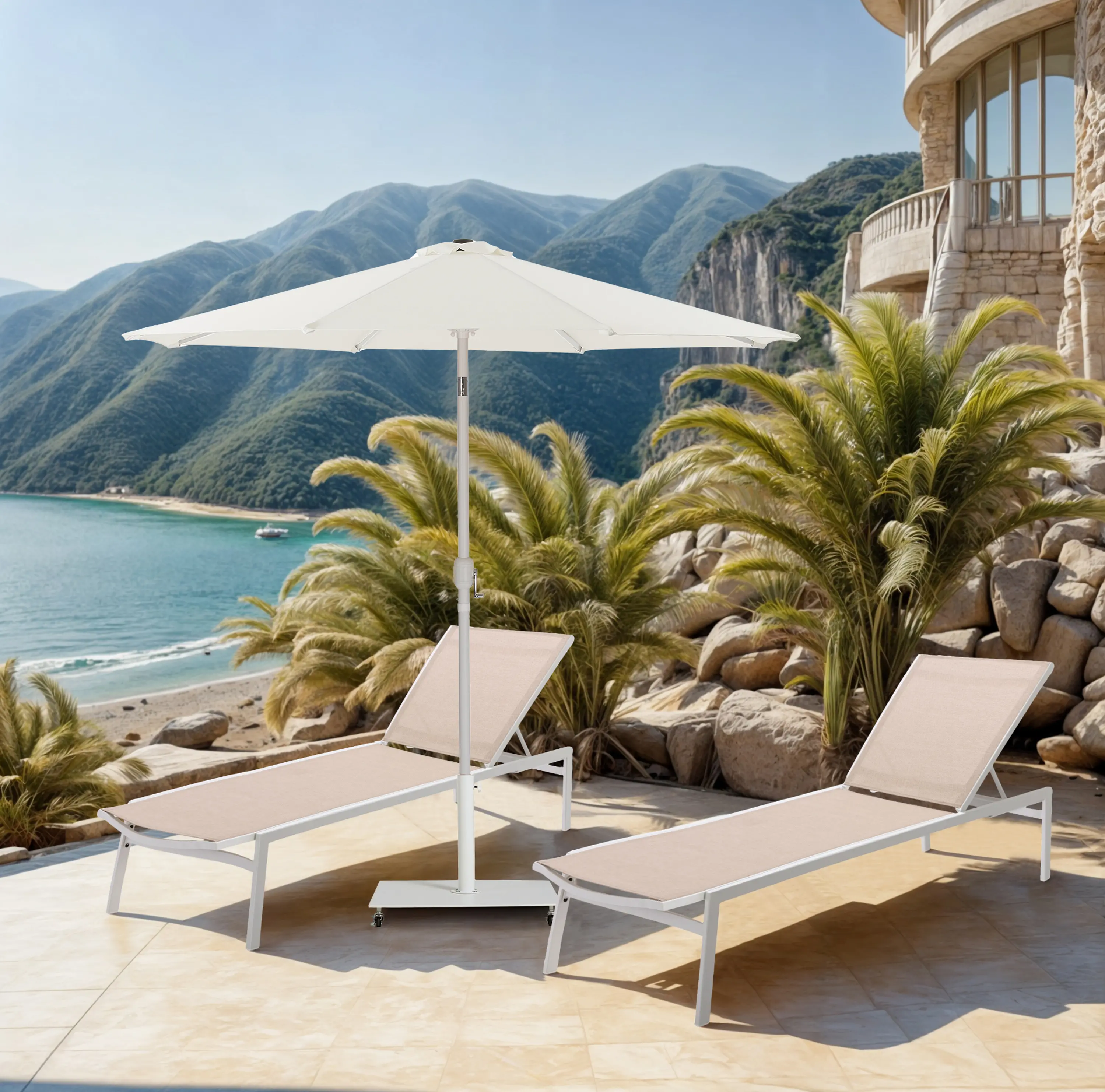 Fiji White Patio Umbrella with White Aluminum Base Set-2