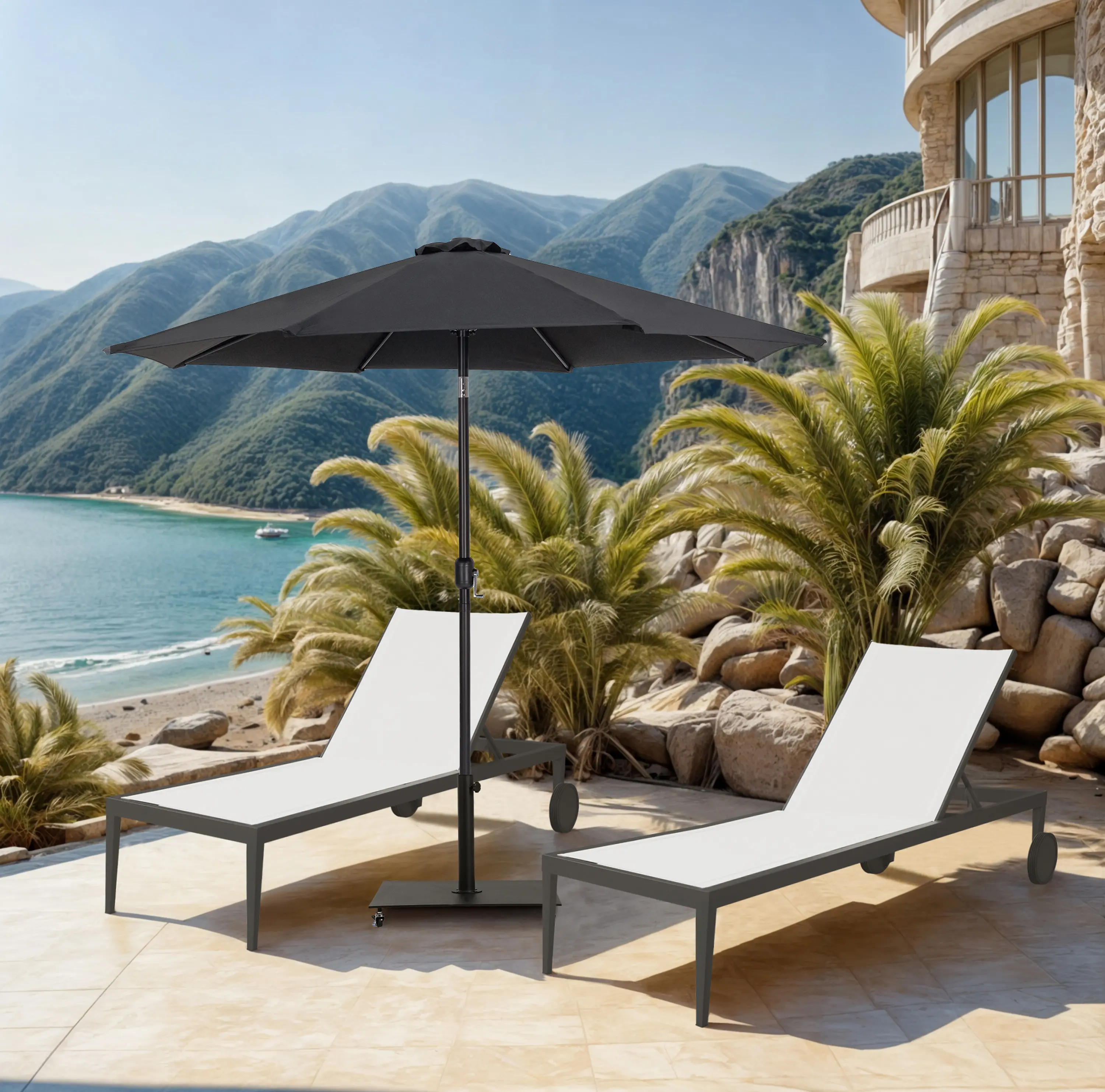Fiji Black Patio Umbrella with Black Aluminum Base Set-2