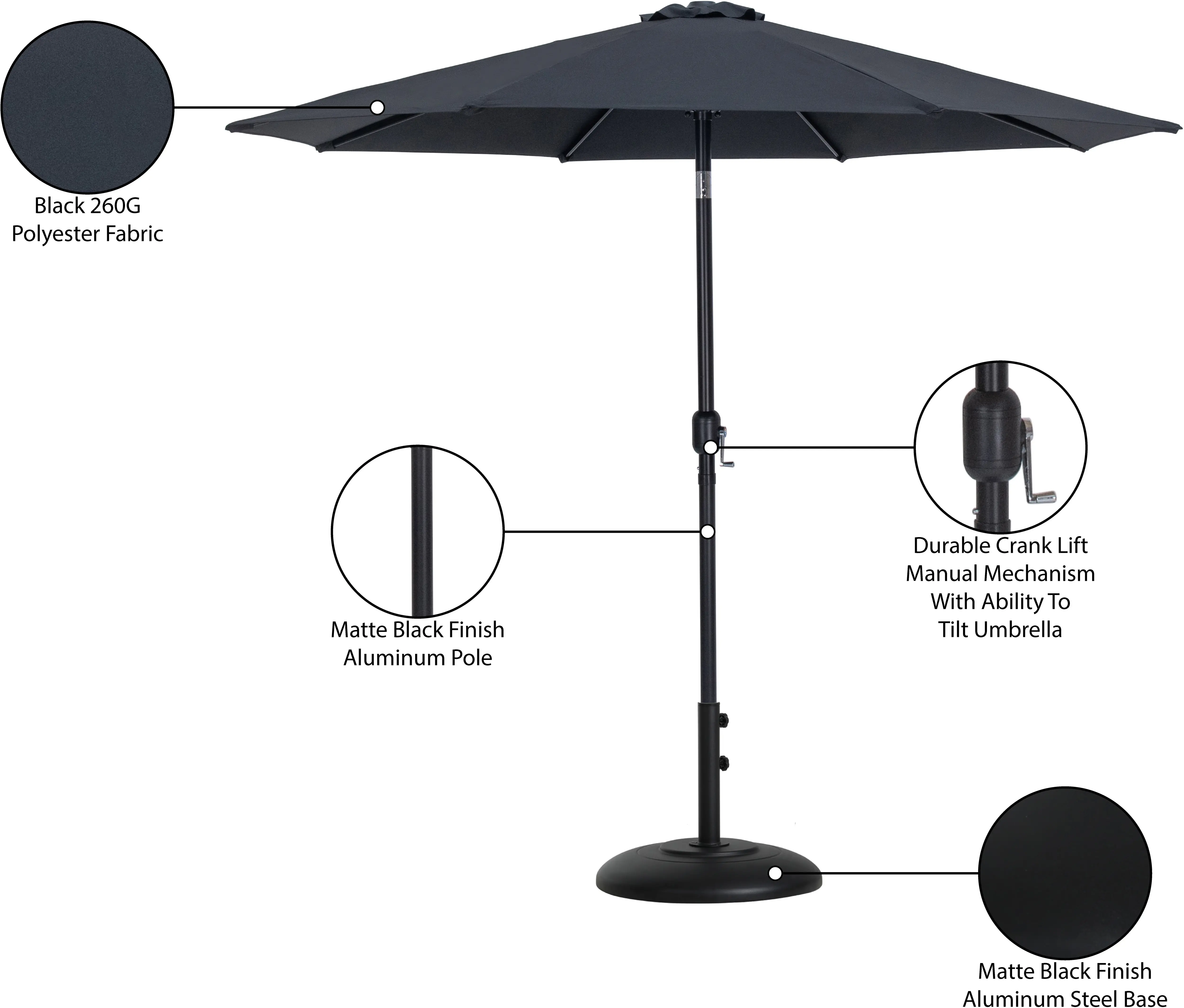 Fiji Black Patio Umbrella with Black Aluminum Base Set-14