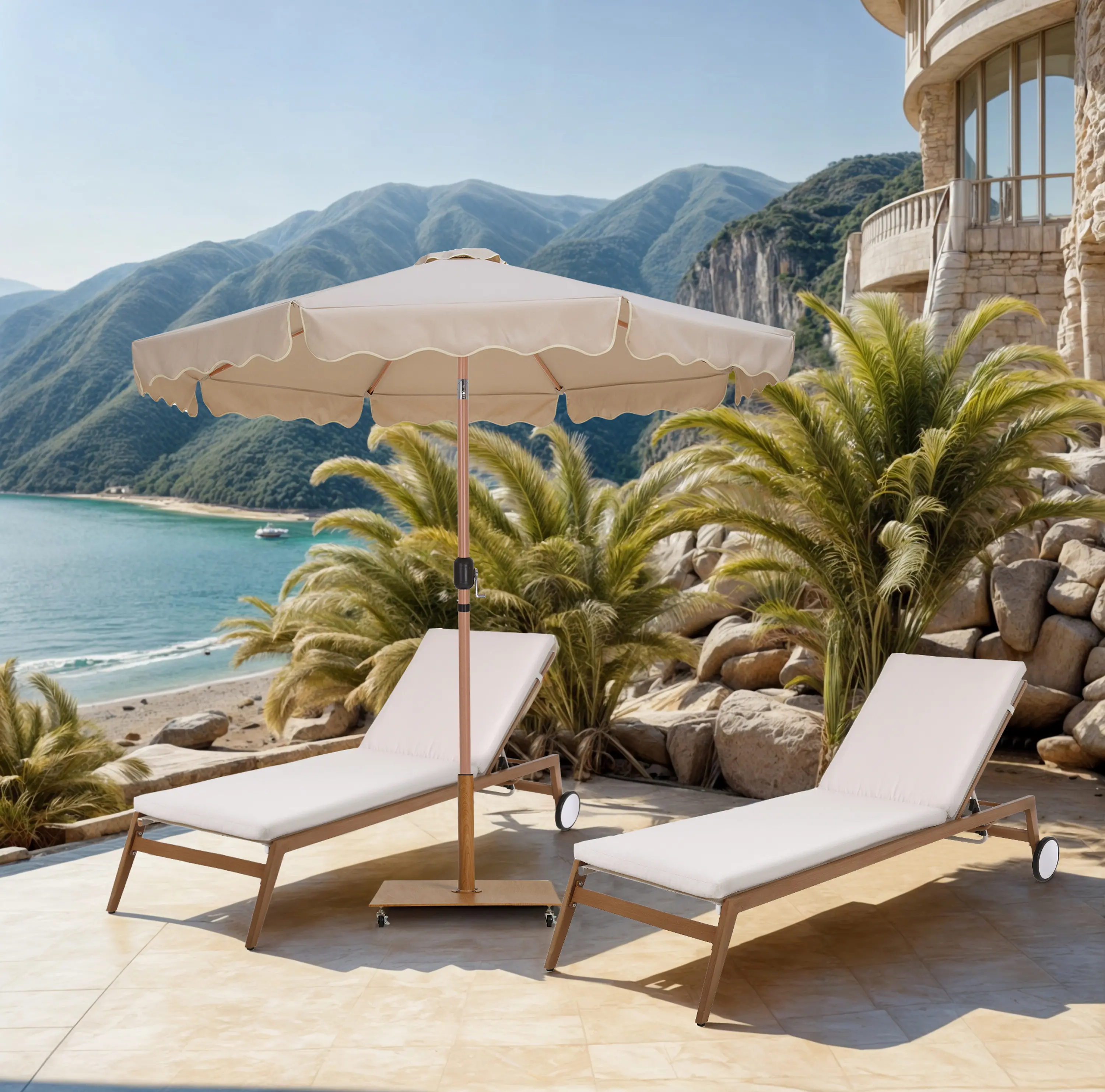 Amalfi Beige Patio Umbrella with Teak Aluminum Base Set-2