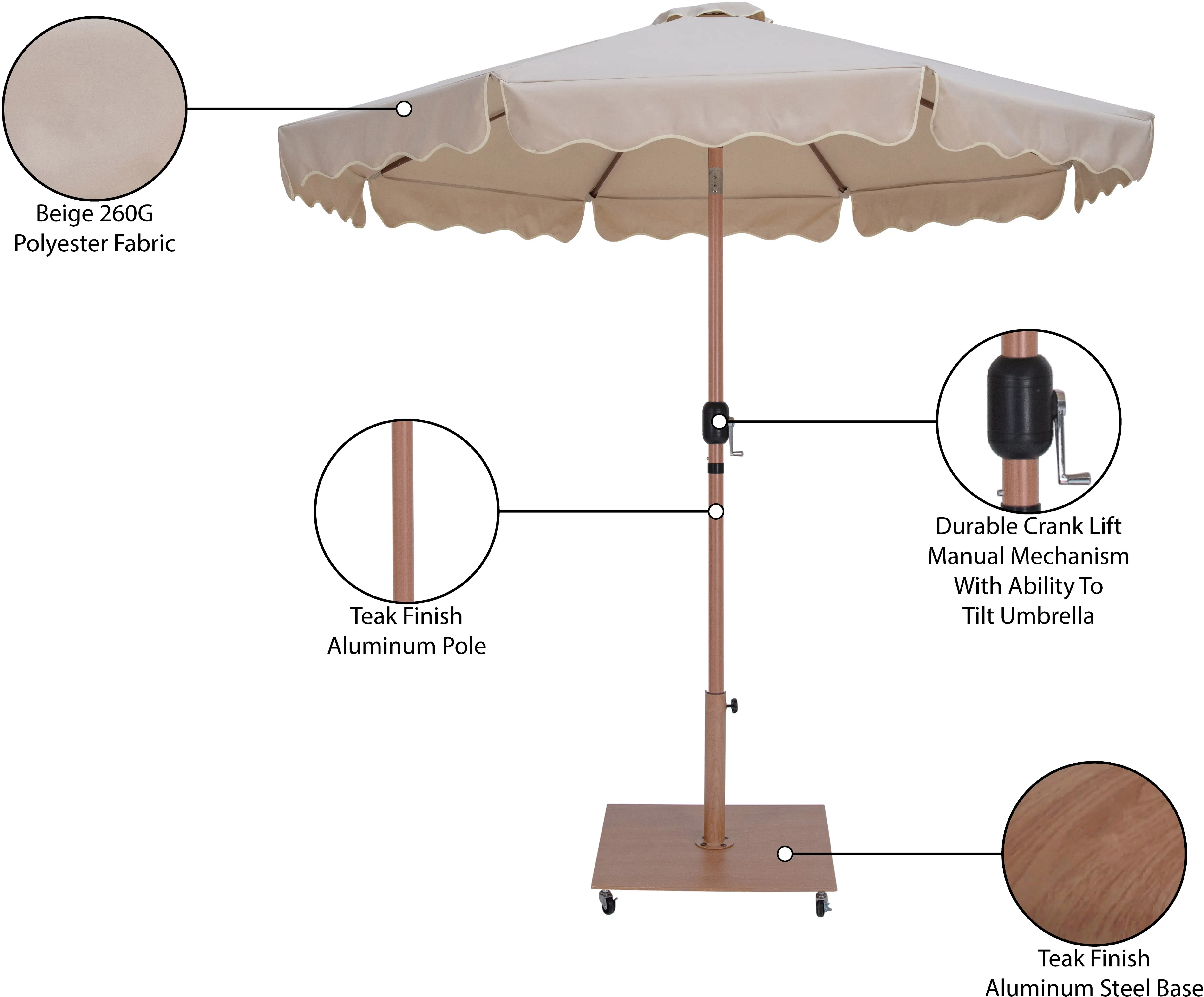 Amalfi Beige Patio Umbrella with Teak Aluminum Base Set-6