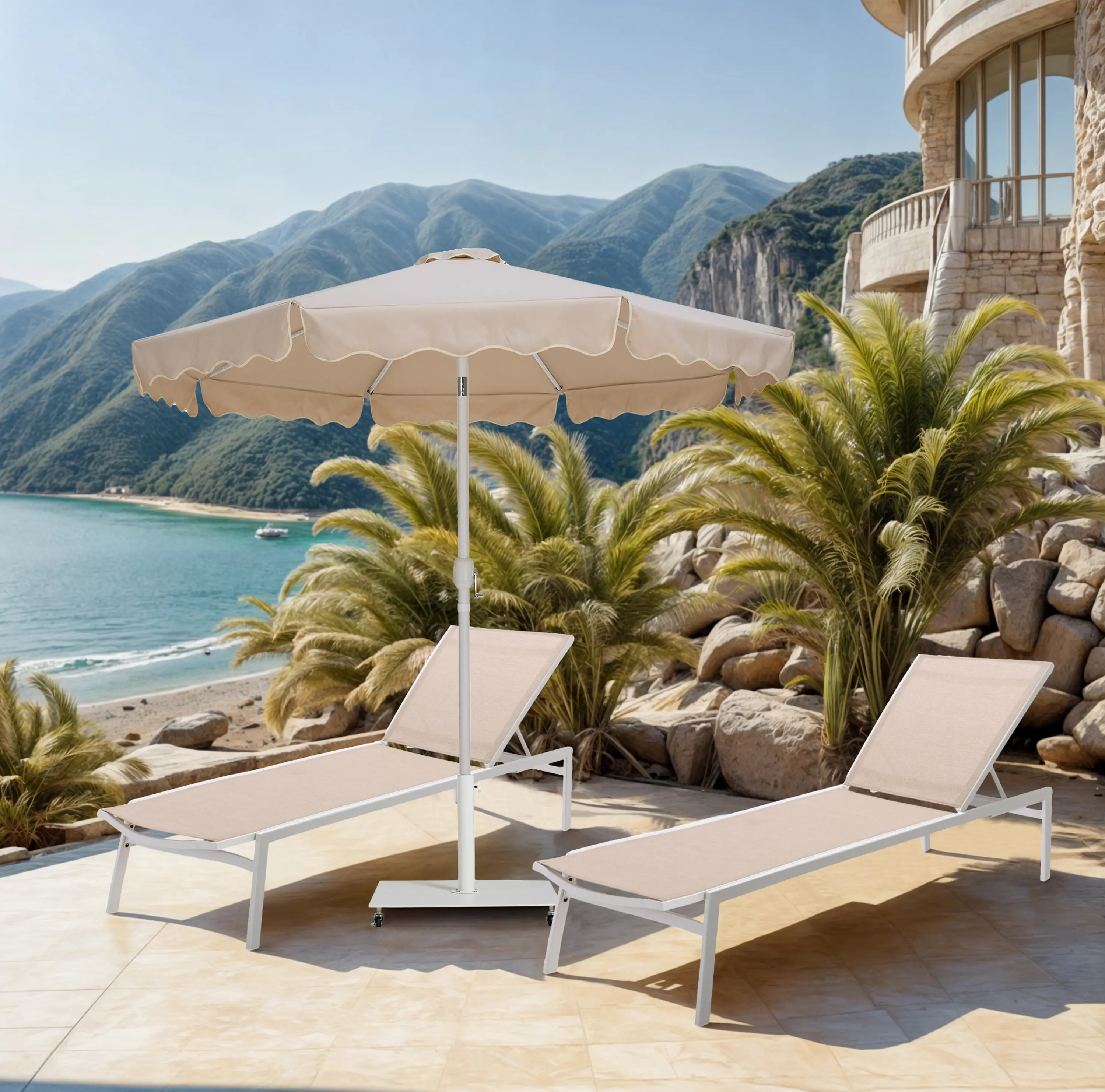 Amalfi Beige Patio Umbrella with White Aluminum Base Set-2