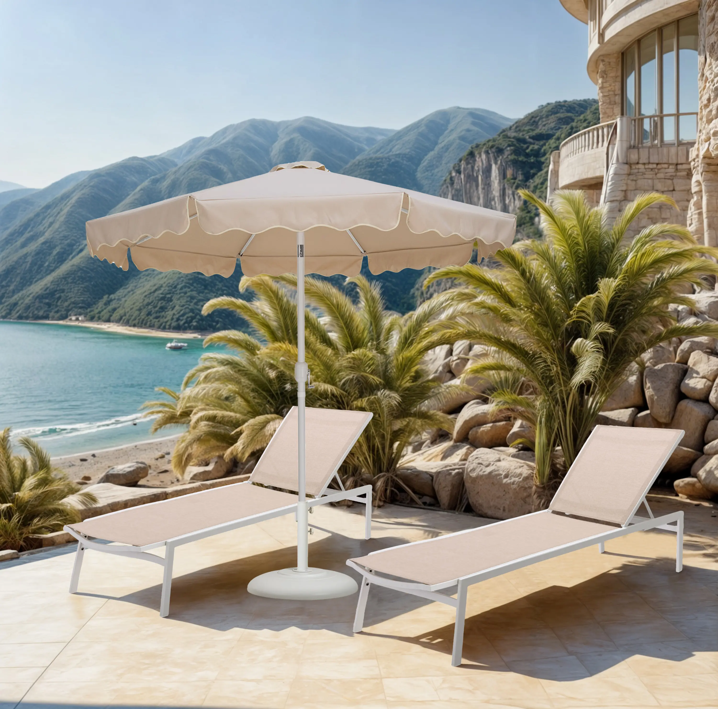 Amalfi Beige Patio Umbrella with White Aluminum Base Set-2