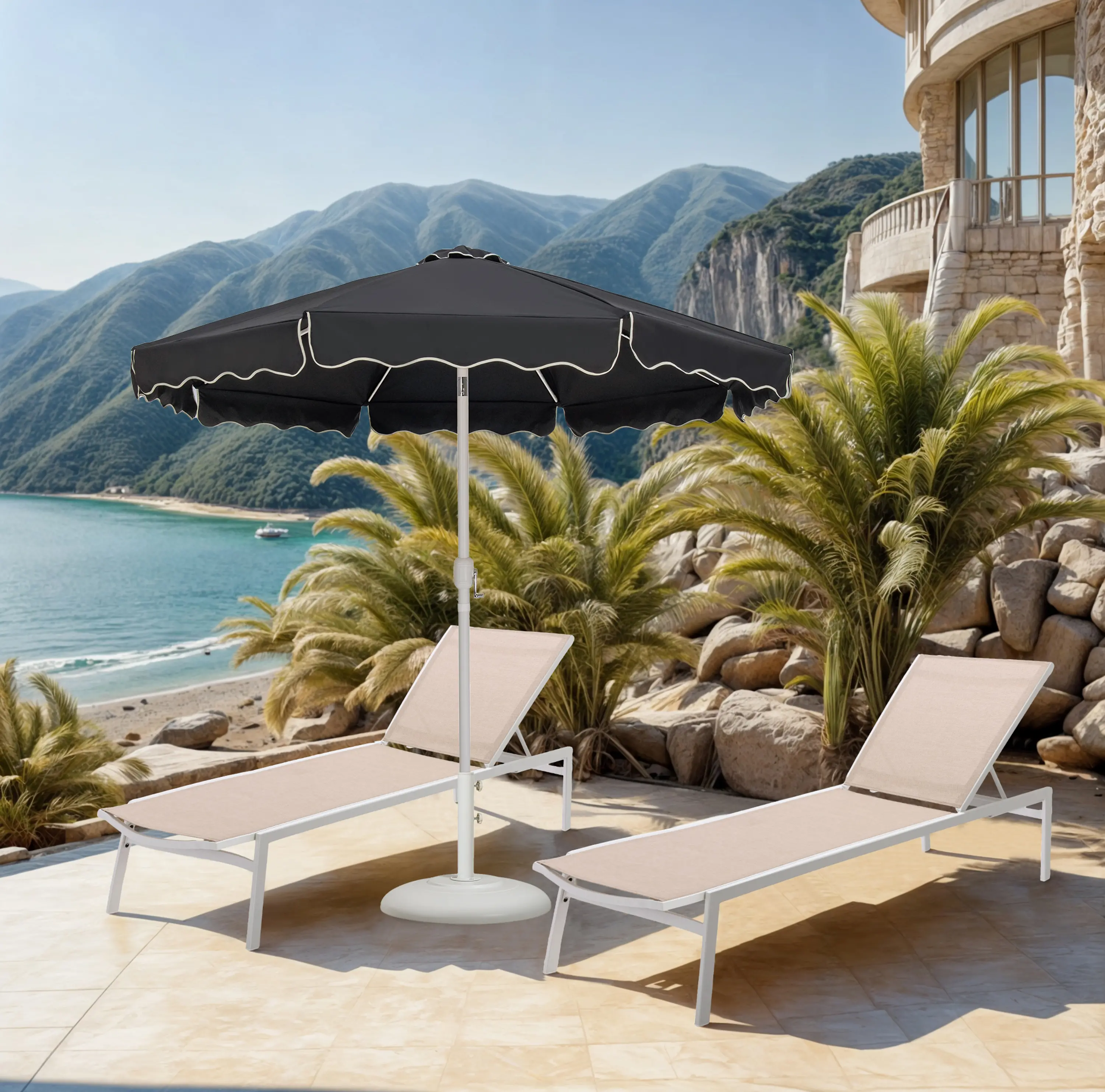 Amalfi Black Patio Umbrella with White Aluminum Base Set-2