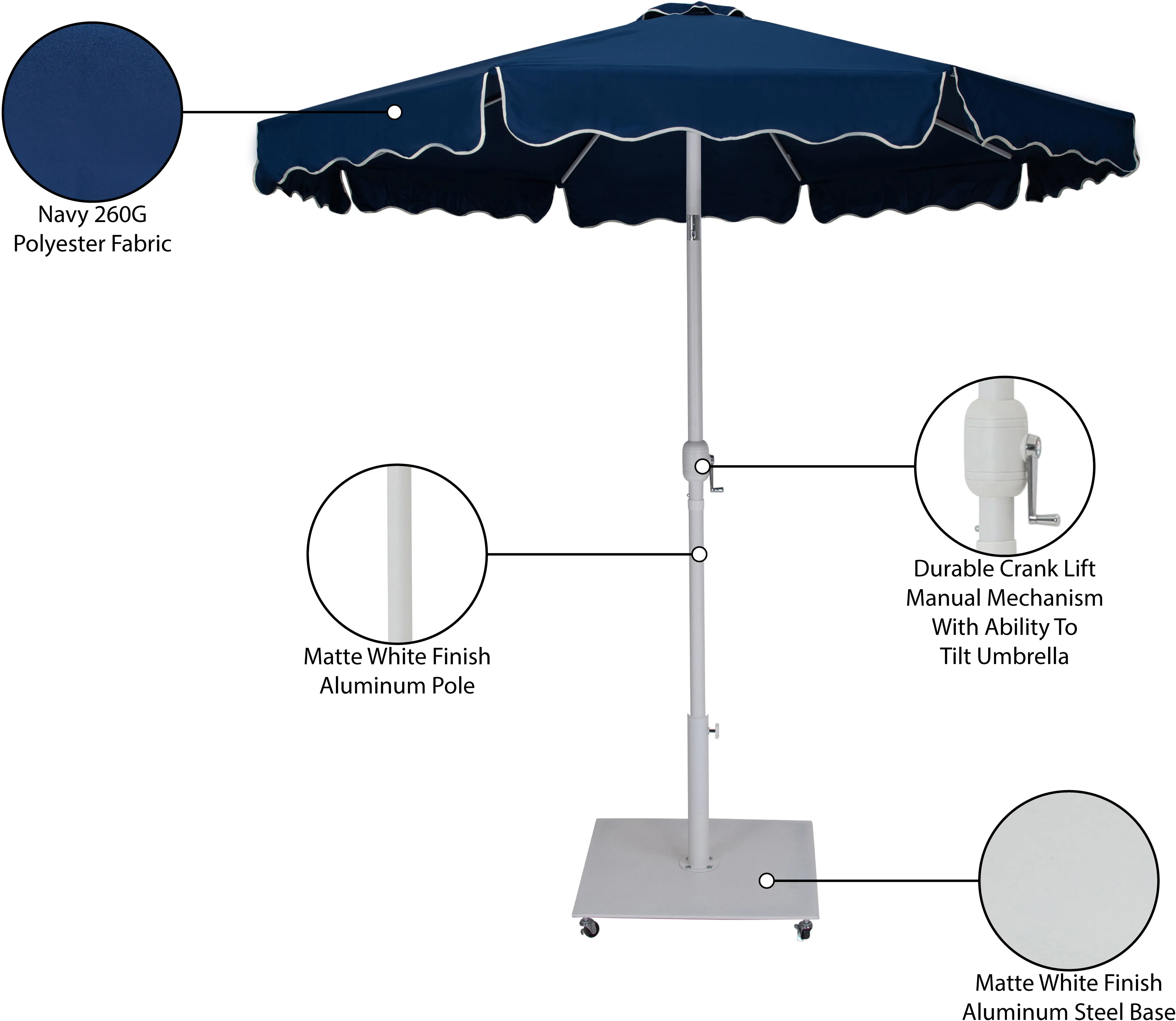 Amalfi Navy Patio Umbrella with White Aluminum Base Set-13