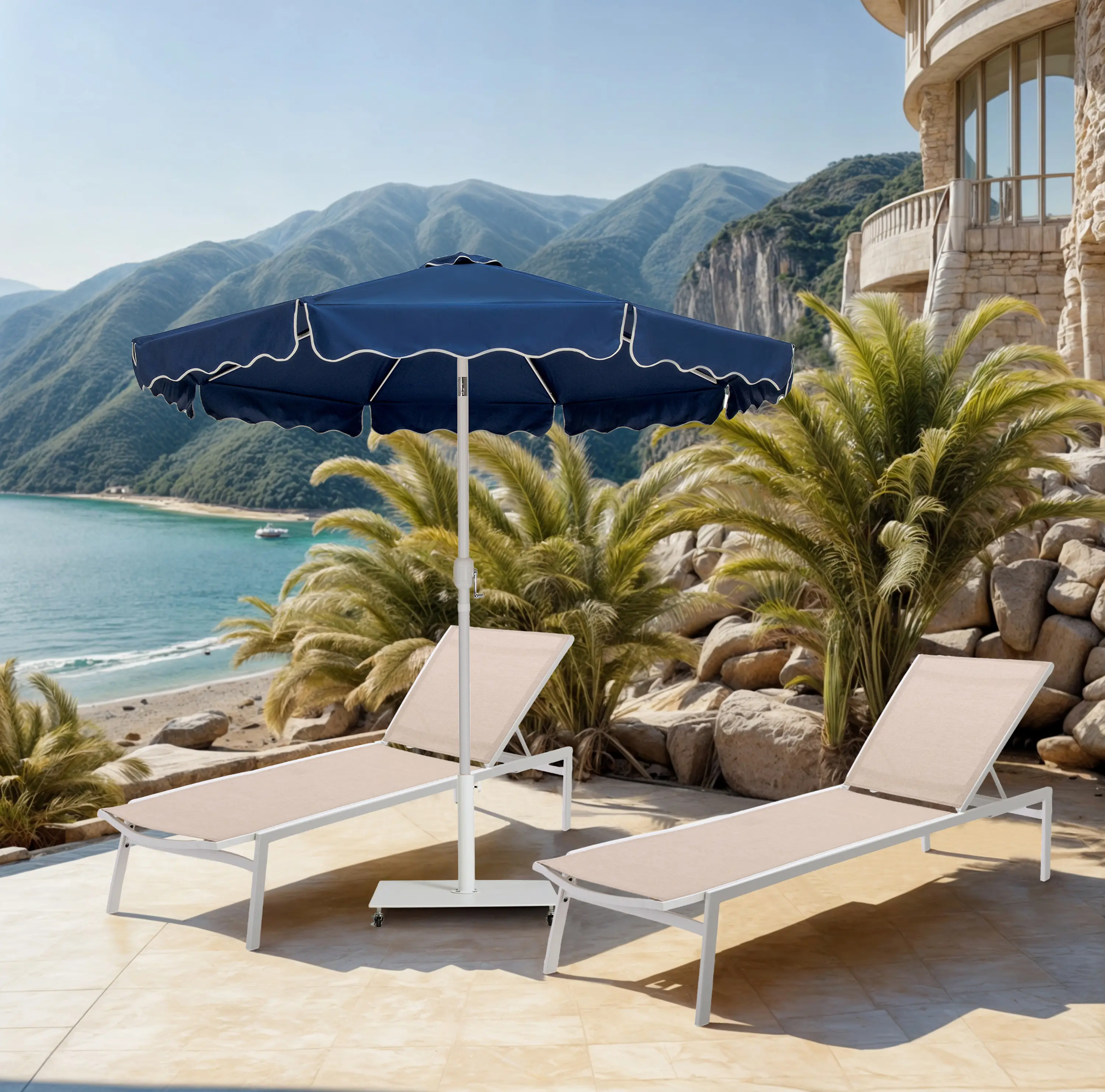 Amalfi Navy Patio Umbrella with White Aluminum Base Set-2