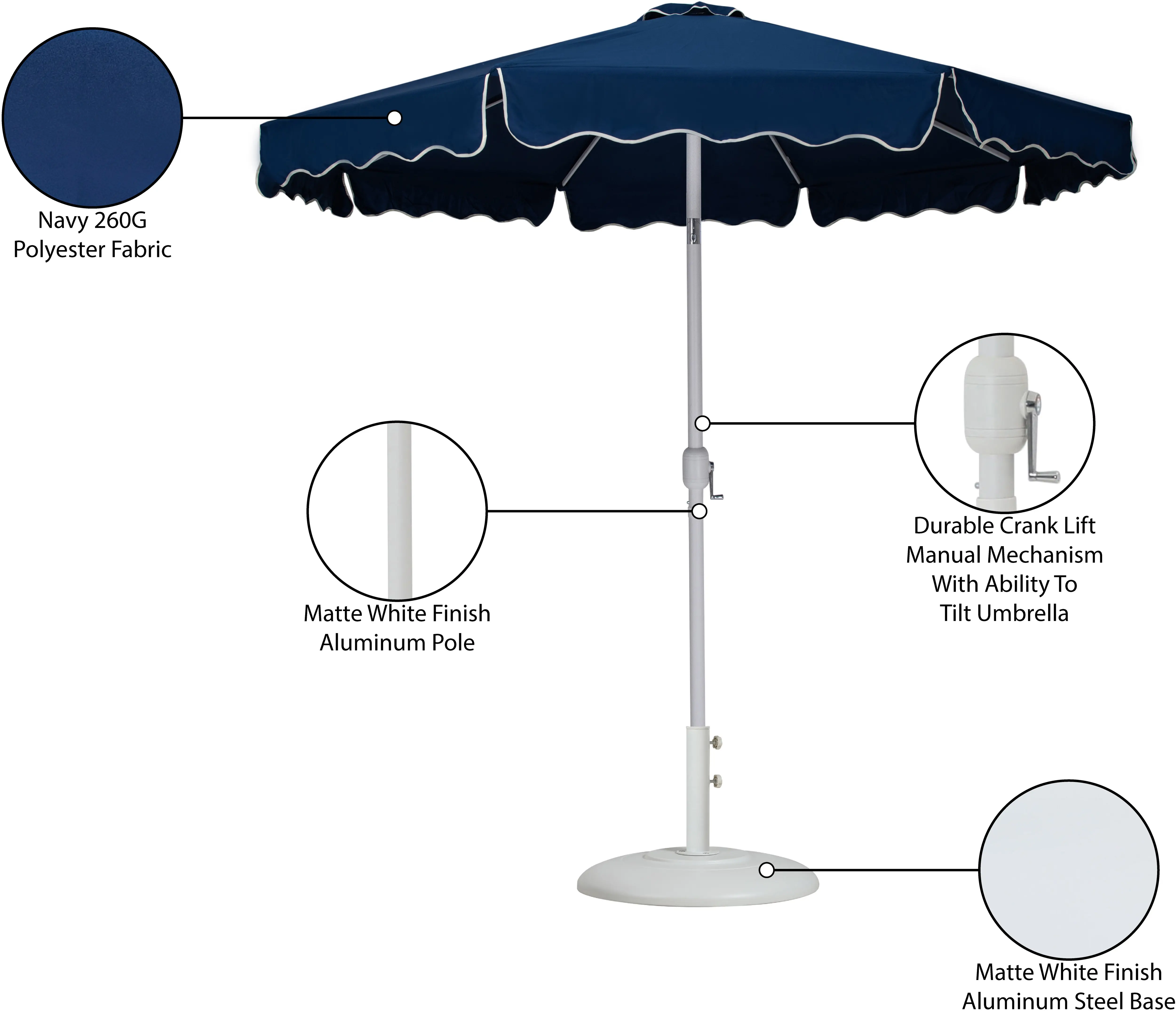 Amalfi Navy Patio Umbrella with White Aluminum Base Set-14