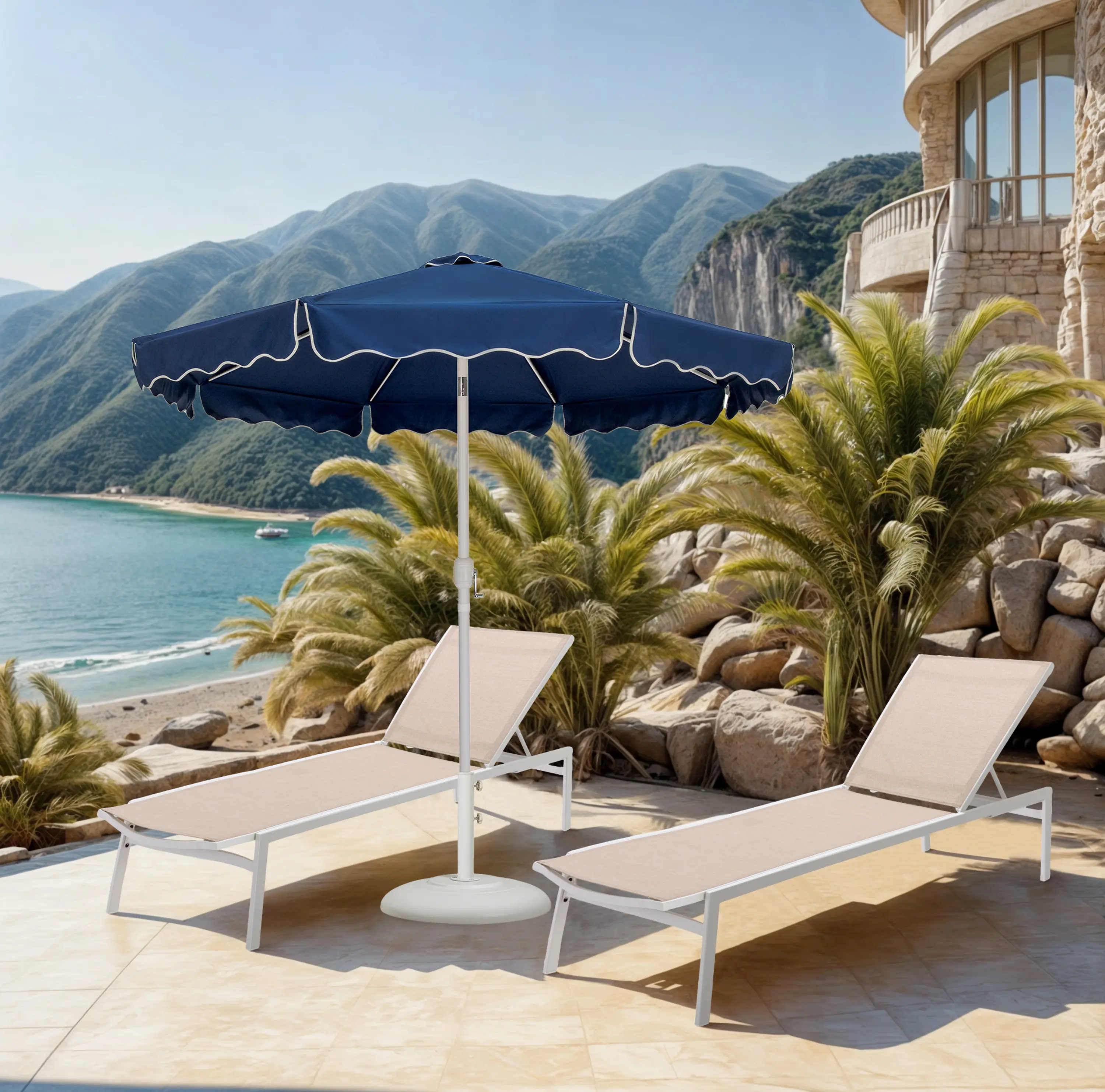 Amalfi Navy Patio Umbrella with White Aluminum Base Set-2