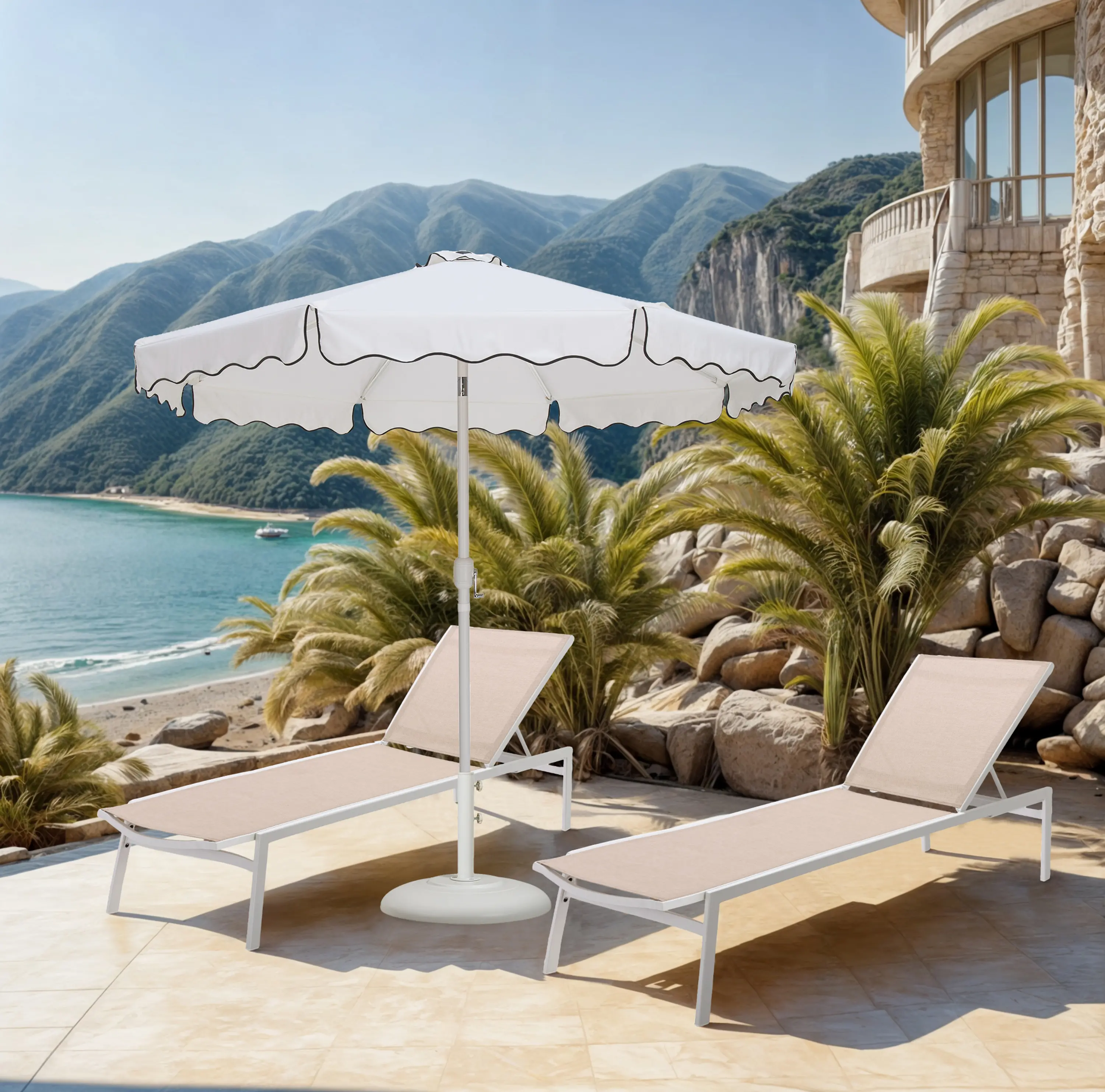 Amalfi White Patio Umbrella with White Aluminum Base Set-2