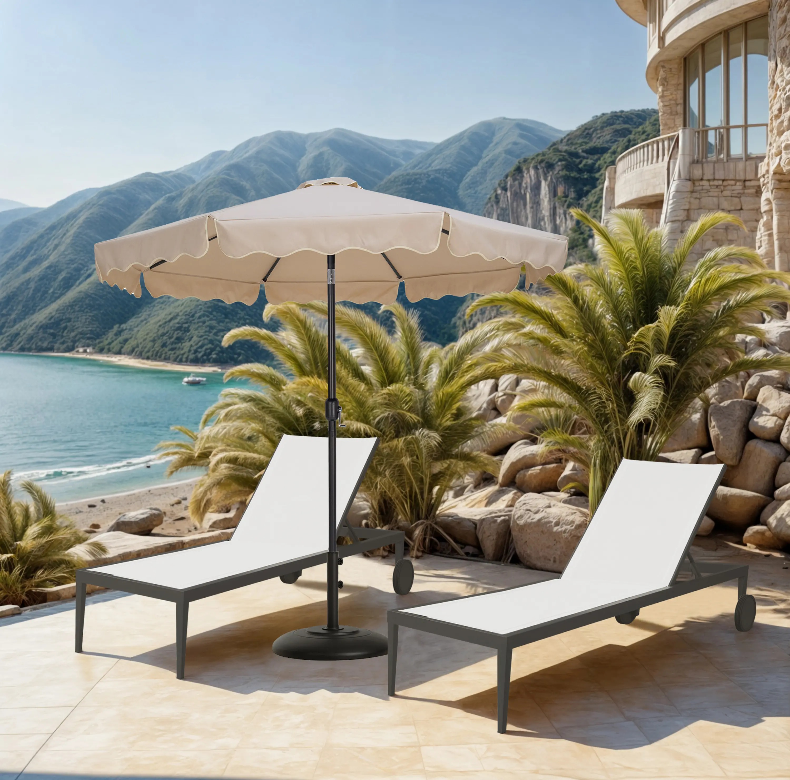 Amalfi Beige Patio Umbrella with Black Aluminum Base Set-2