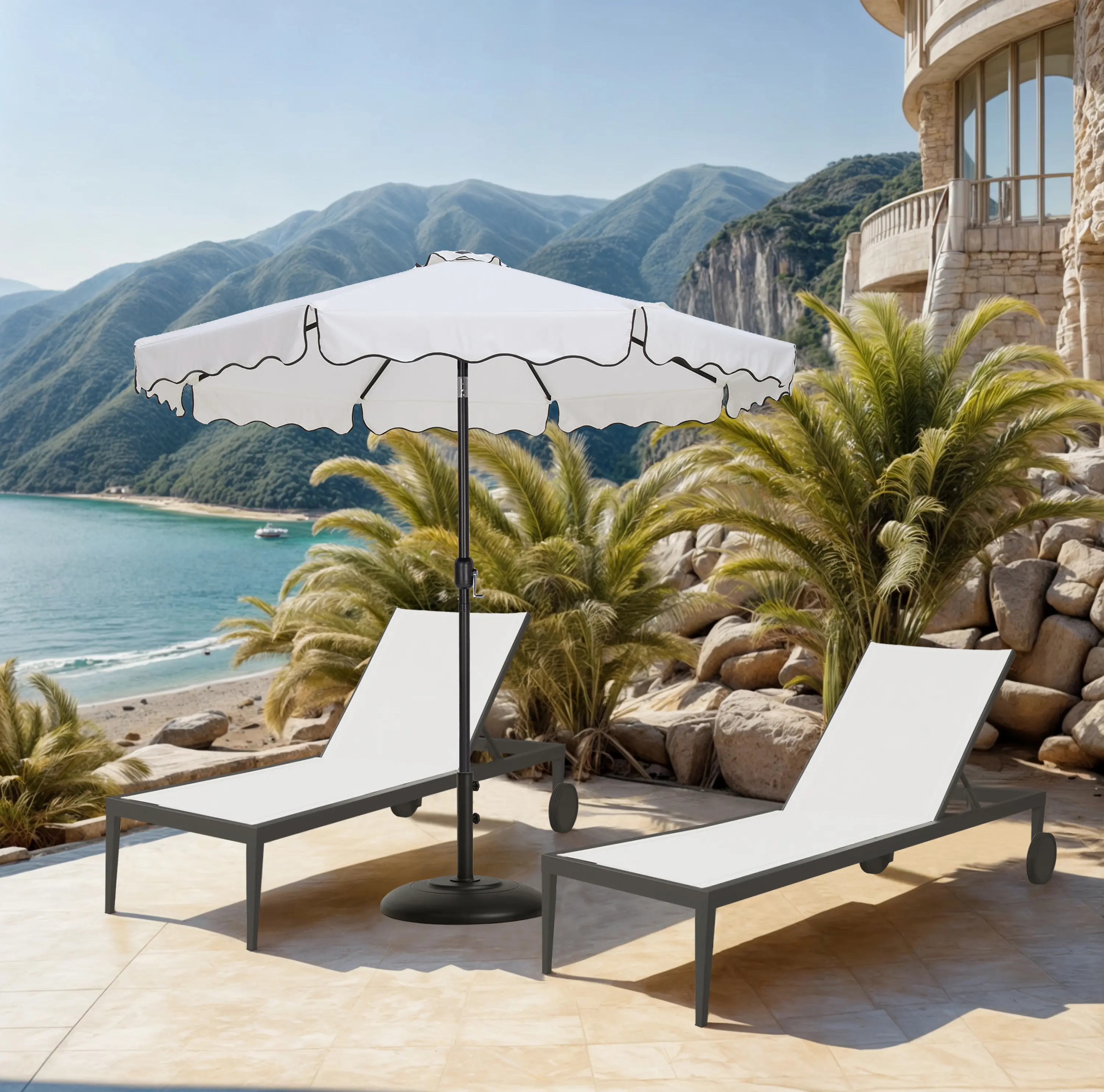 Amalfi White Patio Umbrella with Black Aluminum Base Set-2