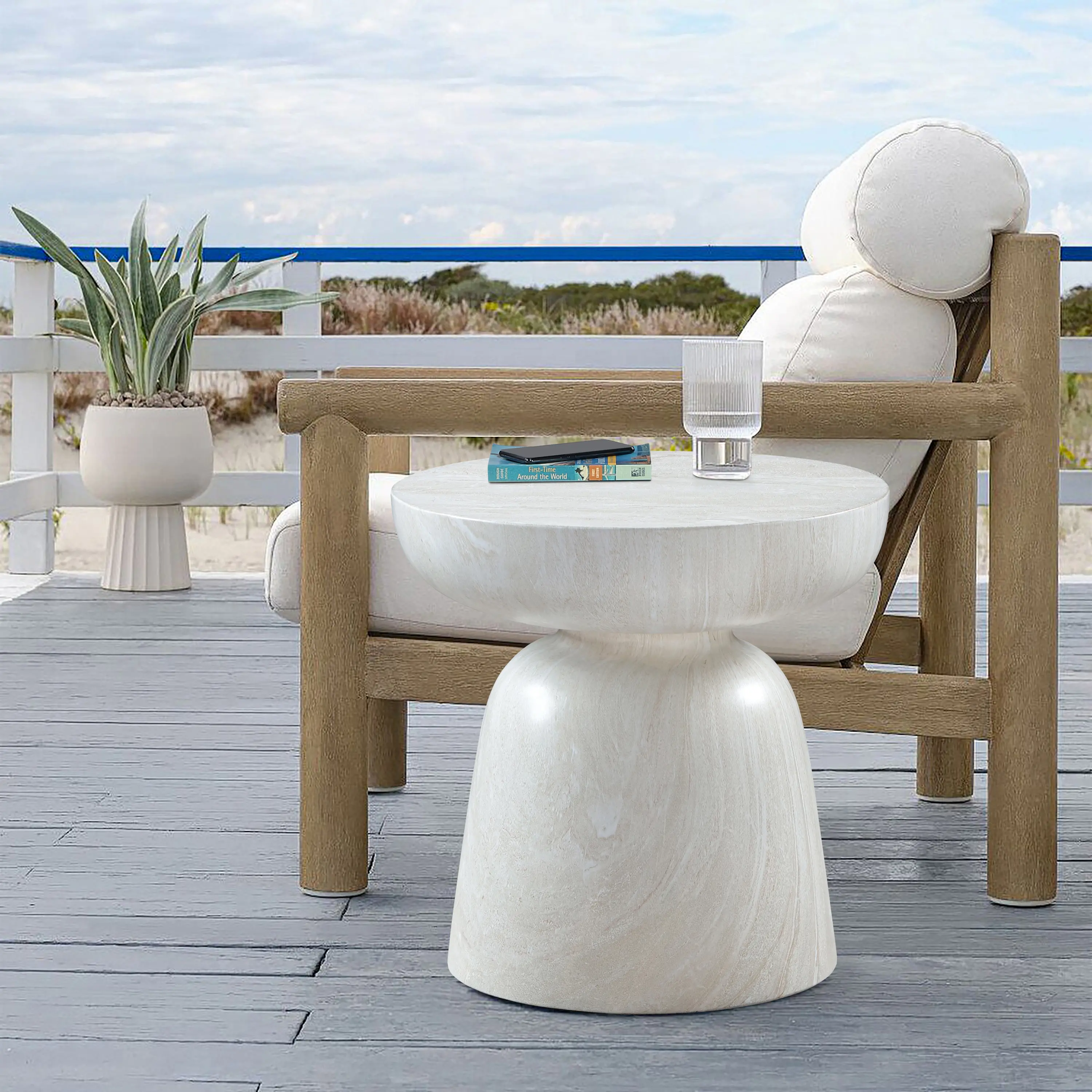 Avellino White Marble and Concrete Indoor/Outdoor End Table-3