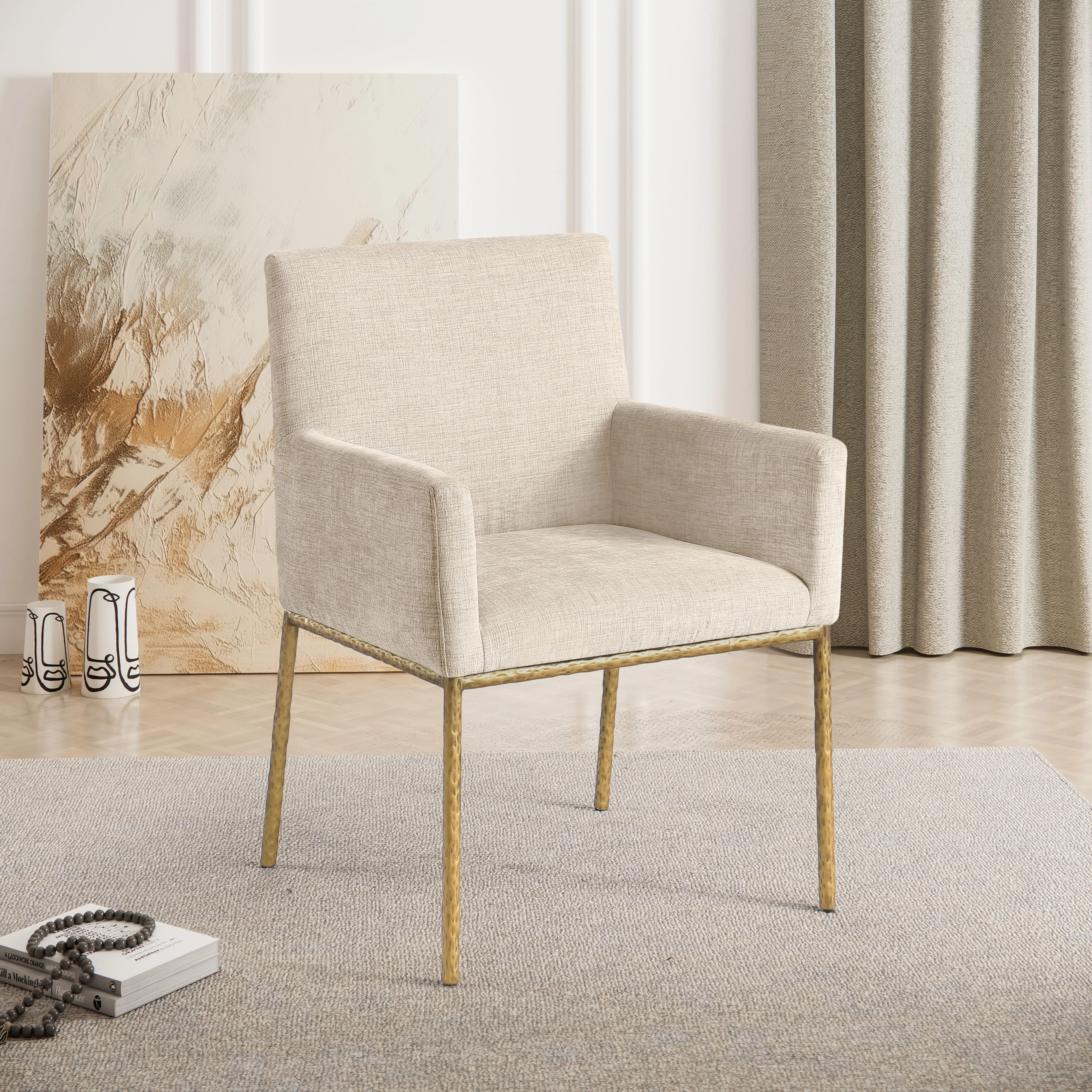 Reeves Beige Dining Armchair with Gold Legs, Set of 2-2